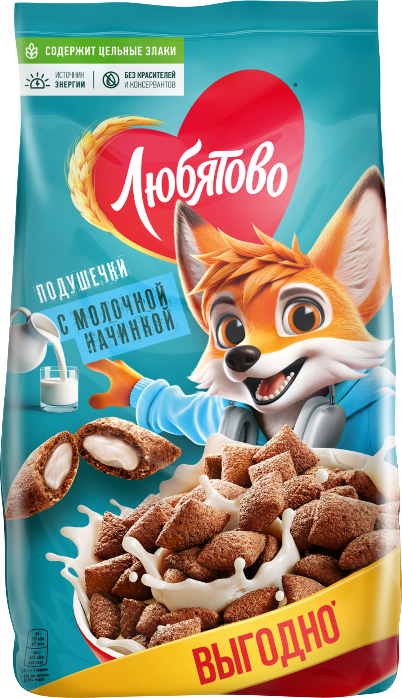 Изображение товара Готовый завтрак ЛЮБЯТОВО Подушечки с молочной начинкой, 500г