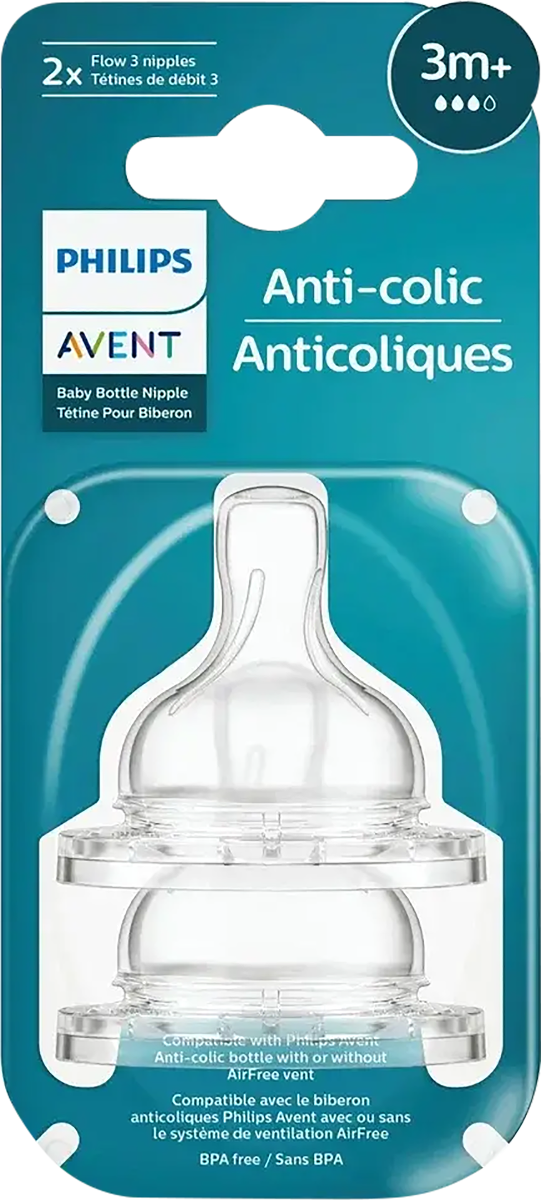 Изображение товара Соска для бутылочки PHILIPS AVENT Anti-colic средний поток, с 3 месяцев, Арт. SCY763/02, 2шт