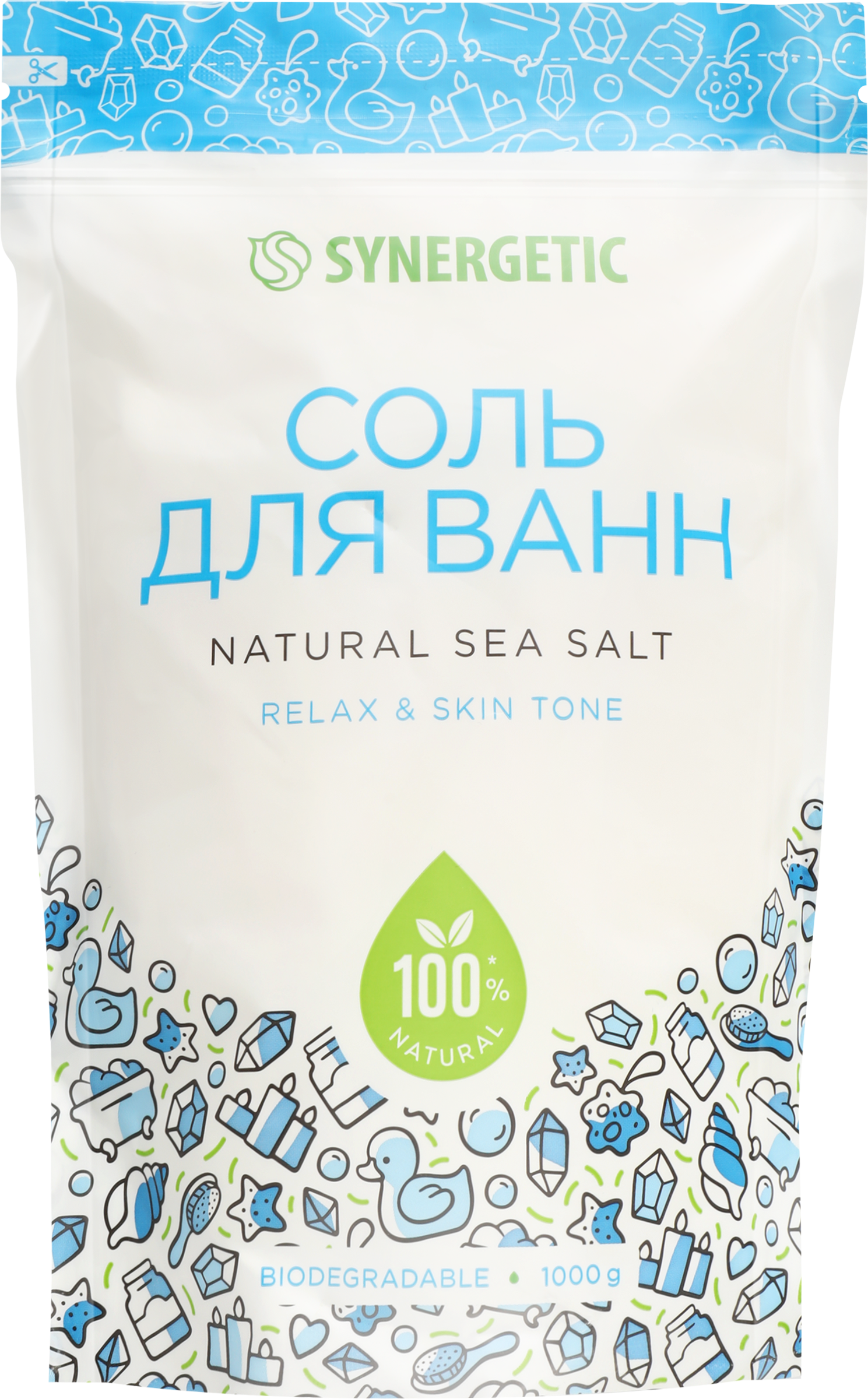 Изображение товара Соль для ванн SYNERGETIC Натуральная 1кг - расслабление и уход за кожей