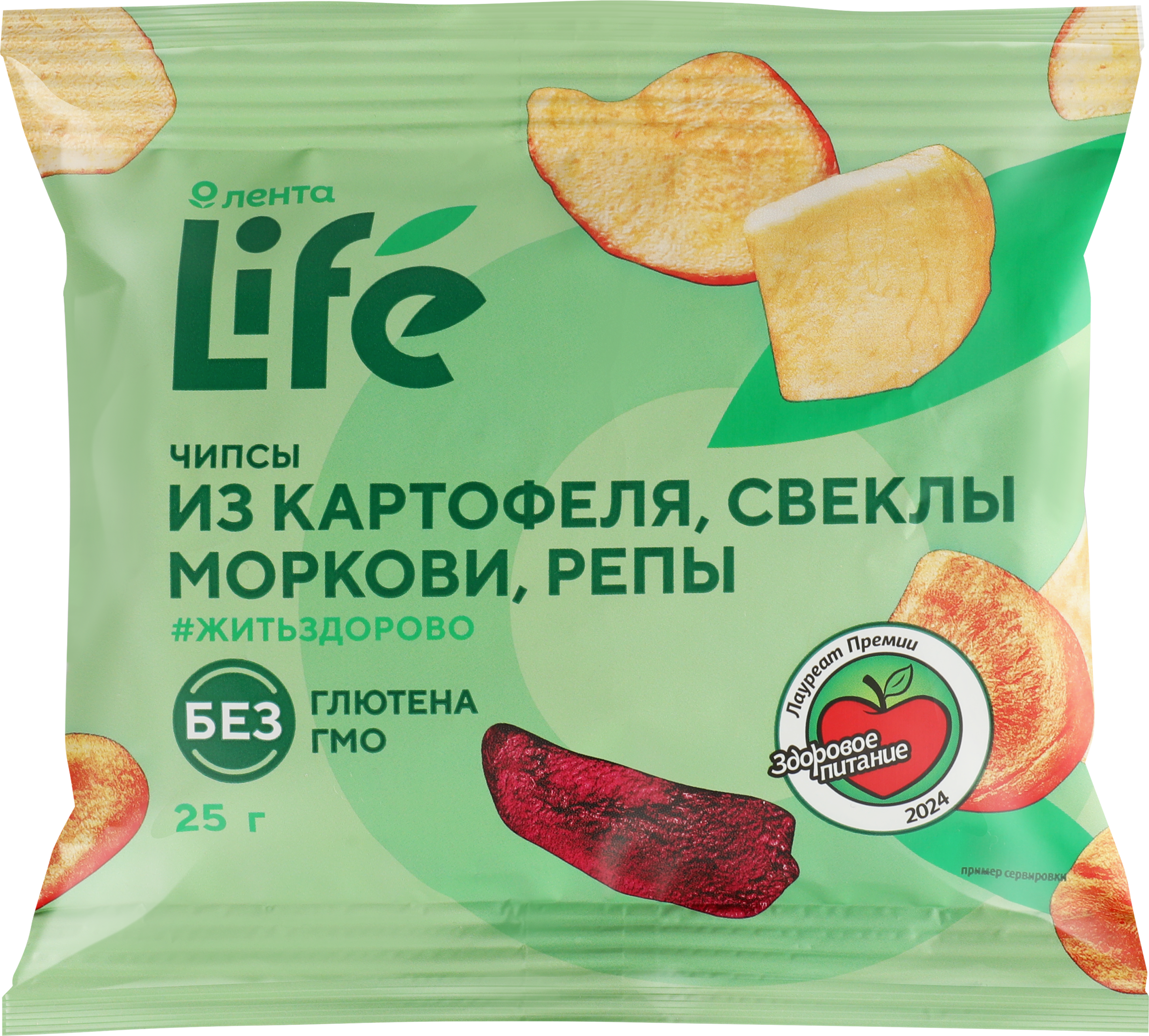 Изображение товара Чипсы овощные ЛЕНТА LIFE Хрустящие, картофель, свекла, морковь и репа, 25г