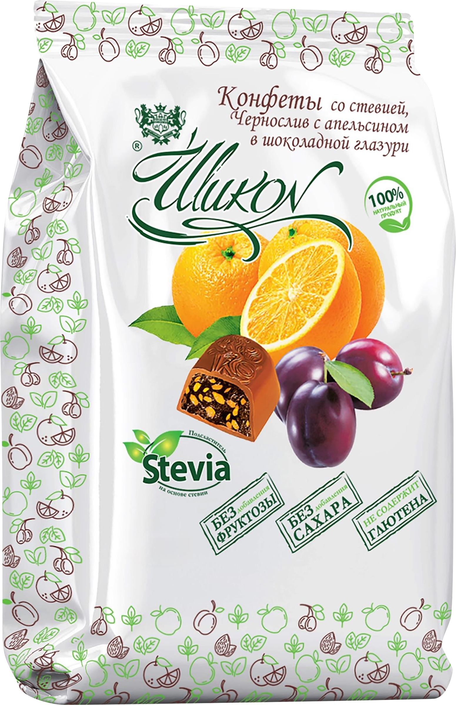 Изображение товара Конфеты ШИКОН Чернослив с апельсином в шоколадной глазури без сахара 150г