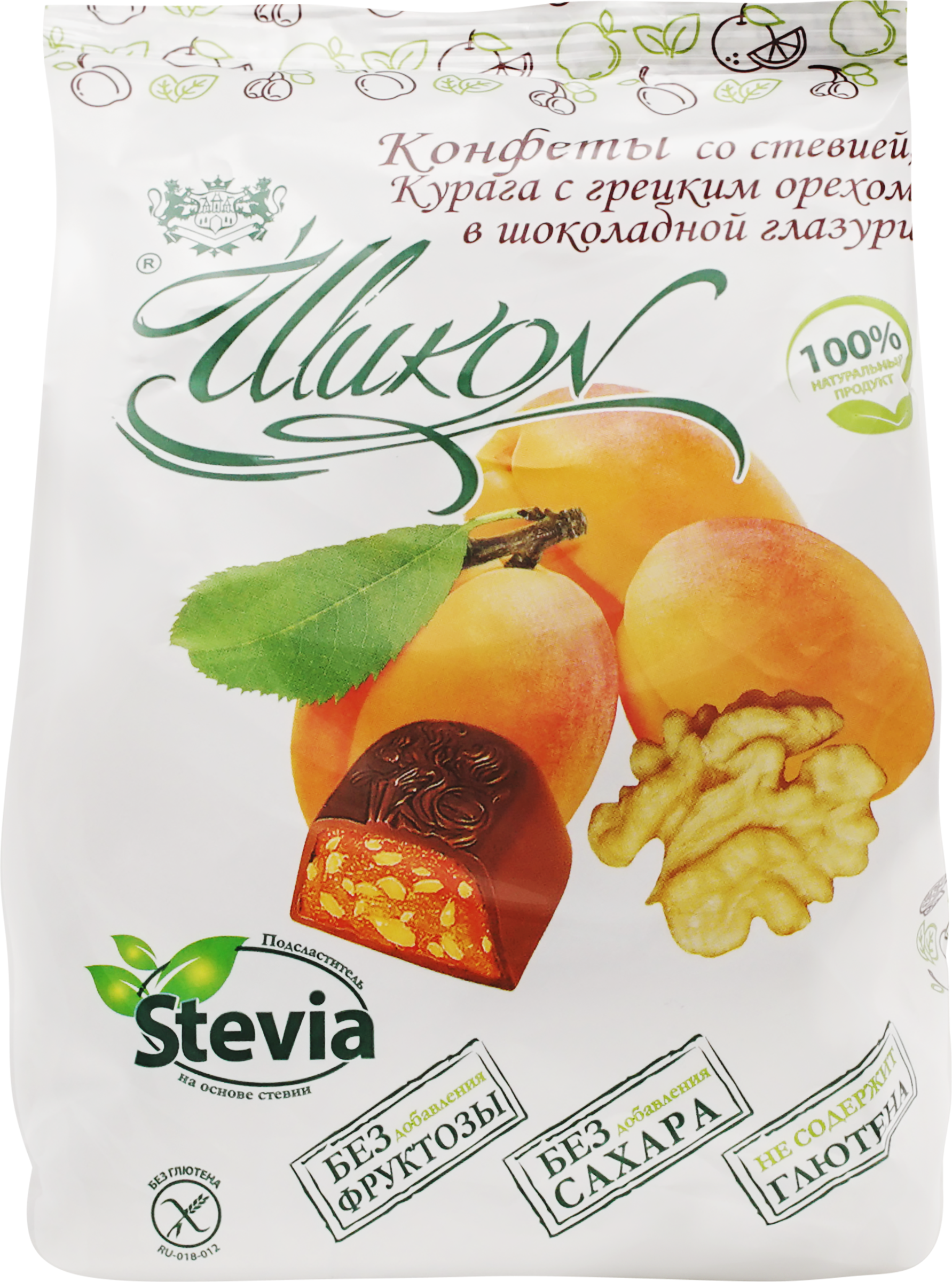 Изображение товара Конфеты ШИКОН Курага с грецким орехом в шоколадной глазури без сахара 150г