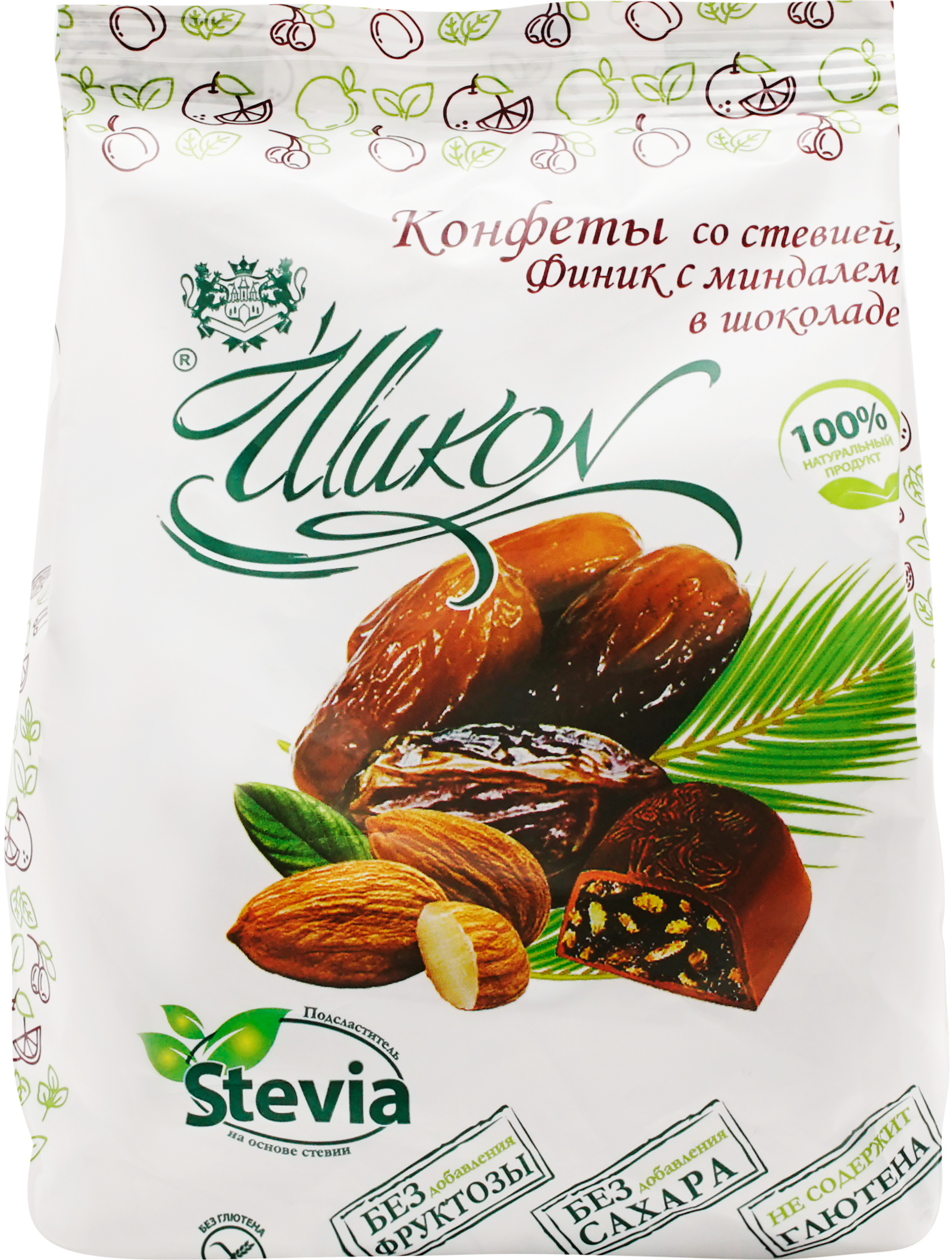 Изображение товара Конфеты ШИКОН Финик с миндалем в шоколаде, без сахара, 150г
