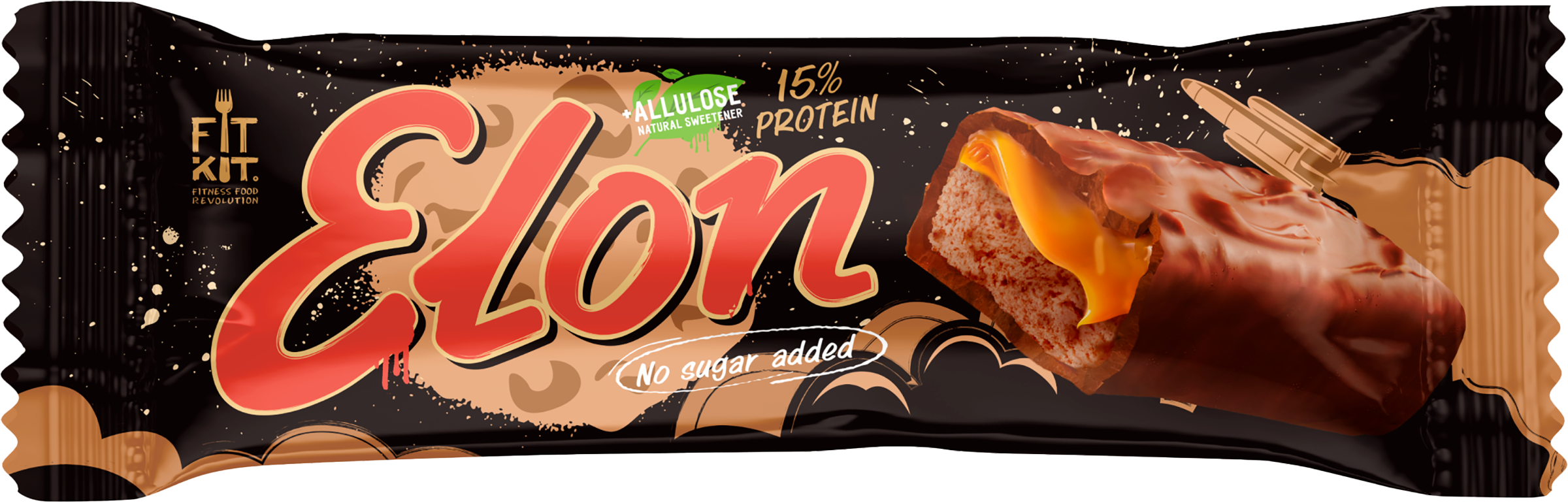 Изображение товара Батончик протеиновый FIT KIT Elon, со вкусом шоколад-карамель, глазированный, 45г