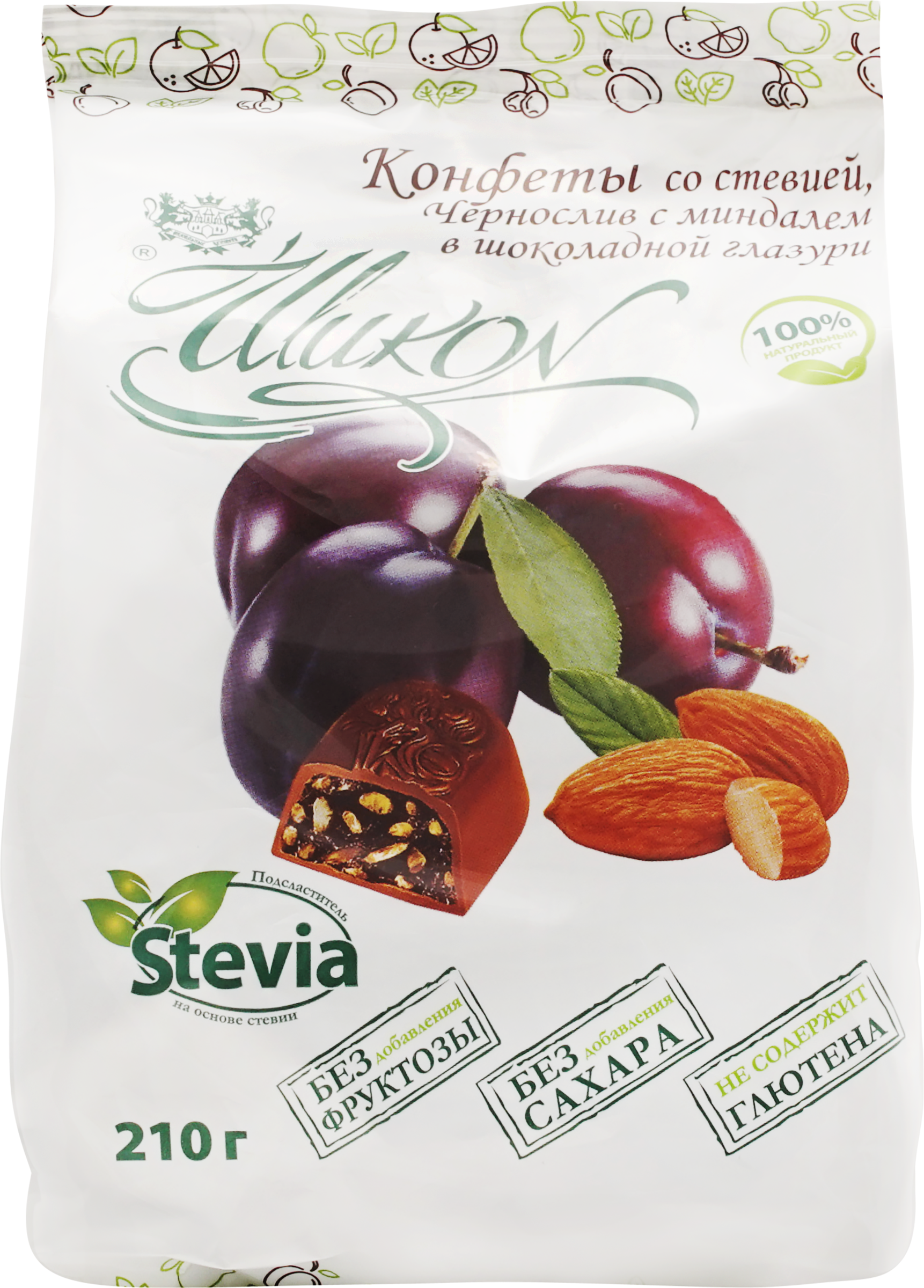 Изображение товара Конфеты ШИКОН Чернослив с миндалем в шоколадной глазури, без сахара, 150г