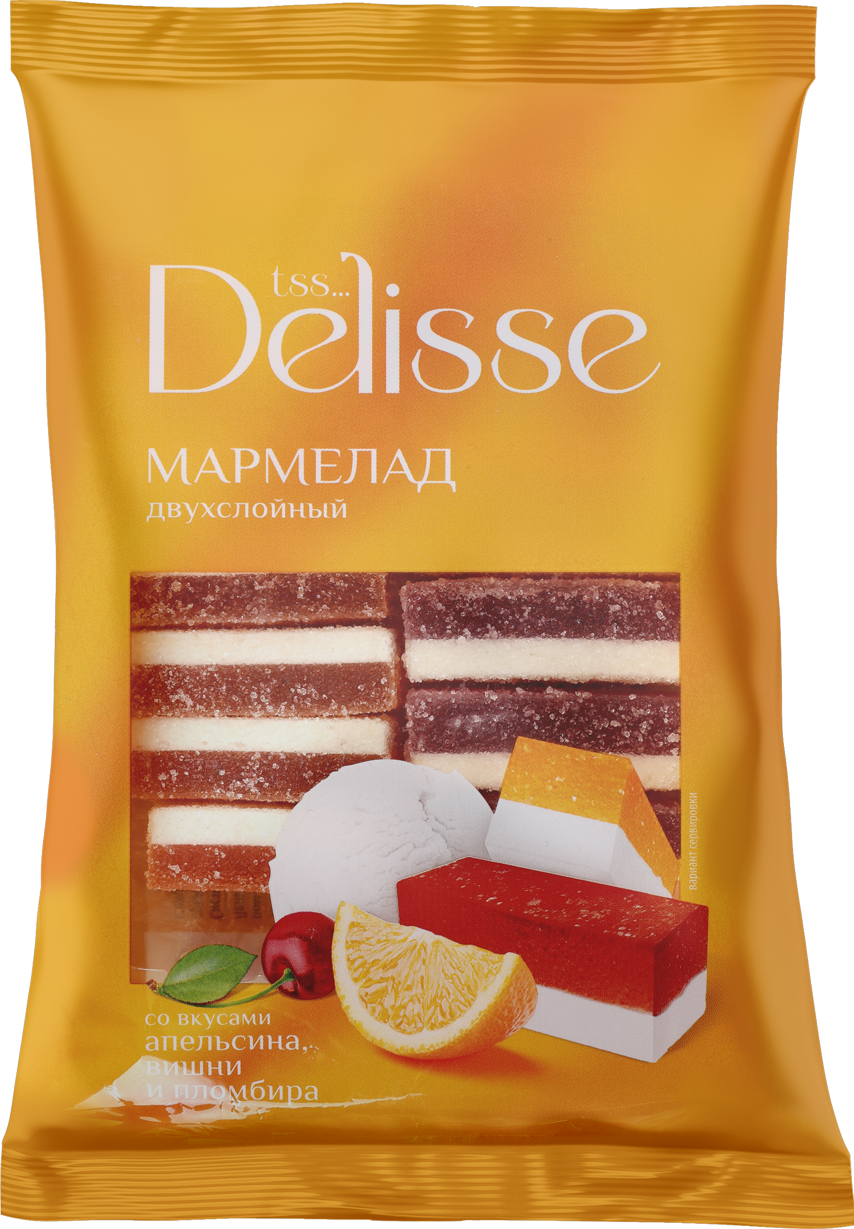 Изображение товара Мармелад DELISSE двухслойный со вкусами апельсина, вишни и пломбира, 300г