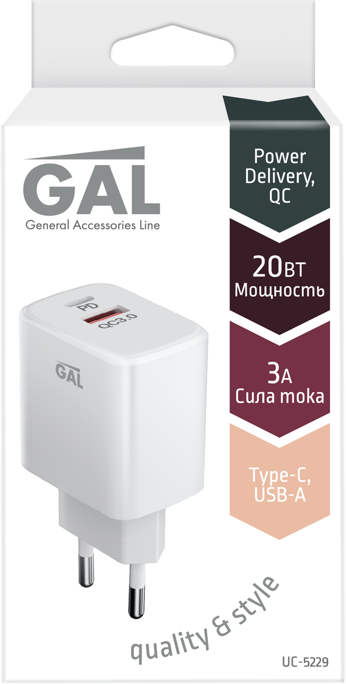 Изображение товара Сетевое зарядное устройство GAL PD 20Вт + QC3.0, быстрая зарядка, КНР