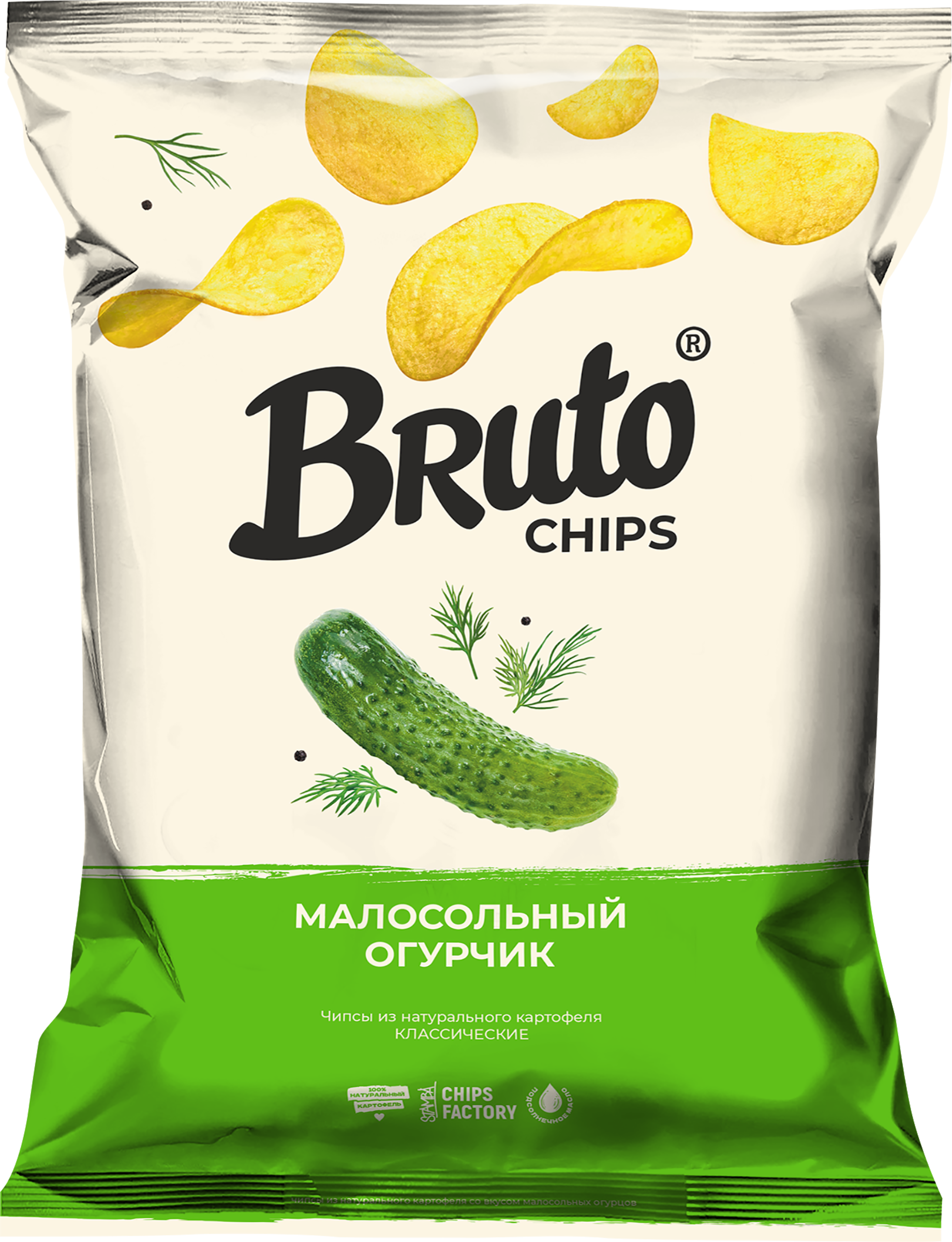 Изображение товара Картофельные чипсы BRUTO Малосольный огурчик 120г хрустит и отлично сочетается с напитками