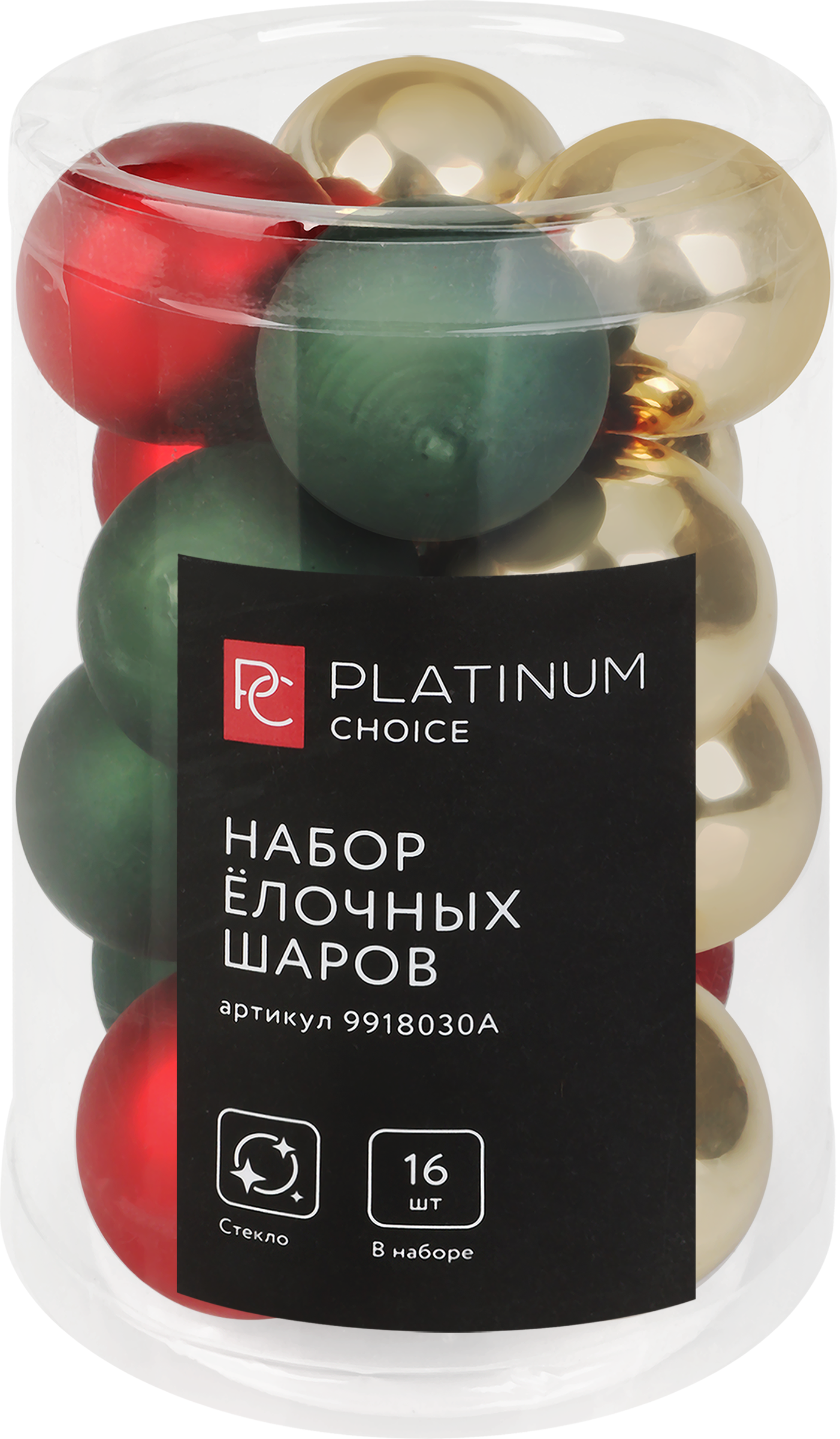 Изображение товара Набор стеклянных елочных шаров PLATINUM CHOICE 3,5см 16шт красный зеленый золото