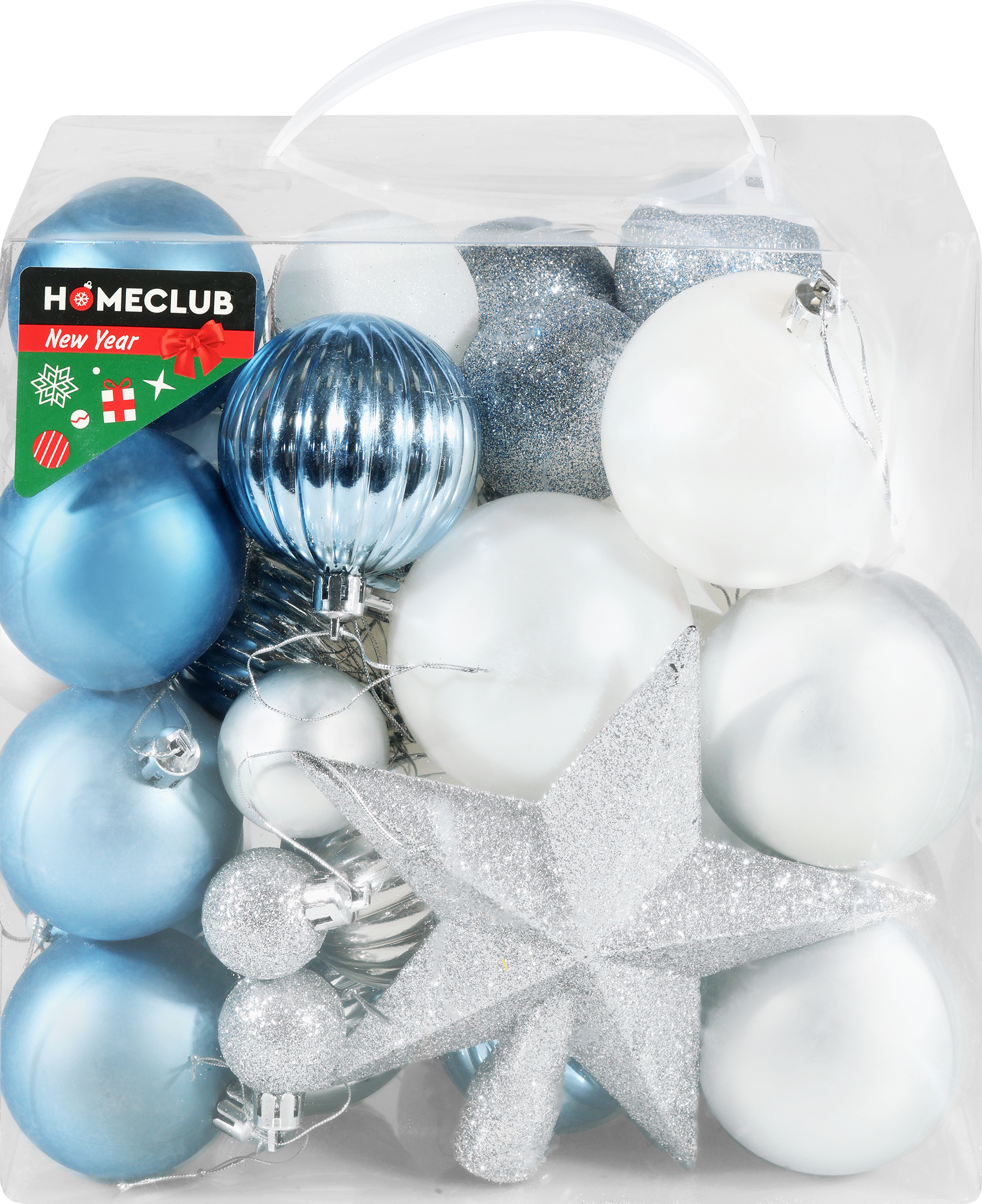 Изображение товара Набор украшений c верхушкой-звездой HOMECLUB 41шт в кейсе, жемчужный и серебро