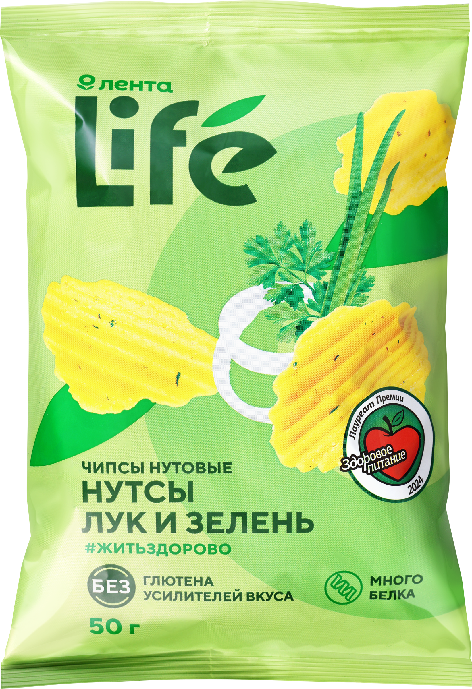 Изображение товара Чипсы нутовые ЛЕНТА LIFE Лук и зелень 50г натуральный перекус