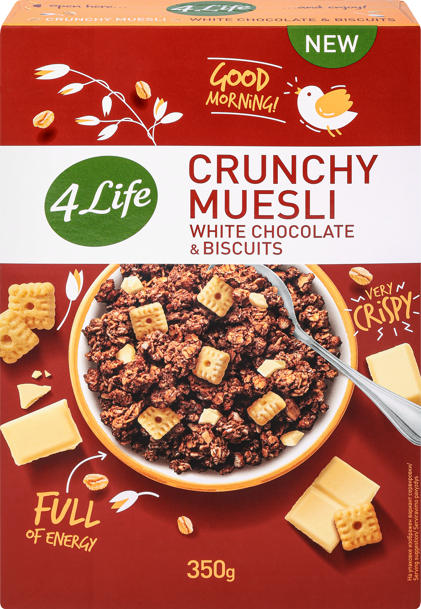 Изображение товара Мюсли хрустящие 4 LIFE с белым шоколадом и печеньем, 350г