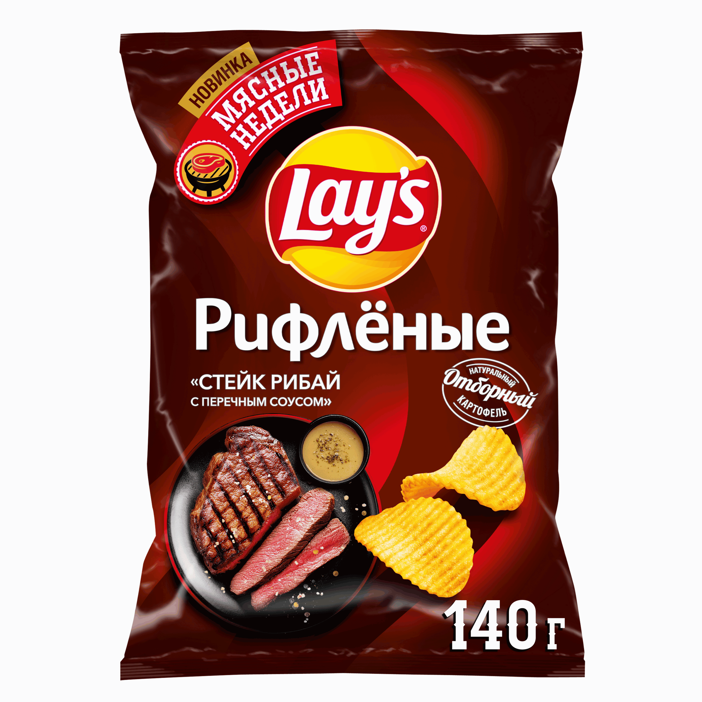 Изображение товара Чипсы картофельные LAY'S Рибай с перечным соусом 140г рифленые хрустящие