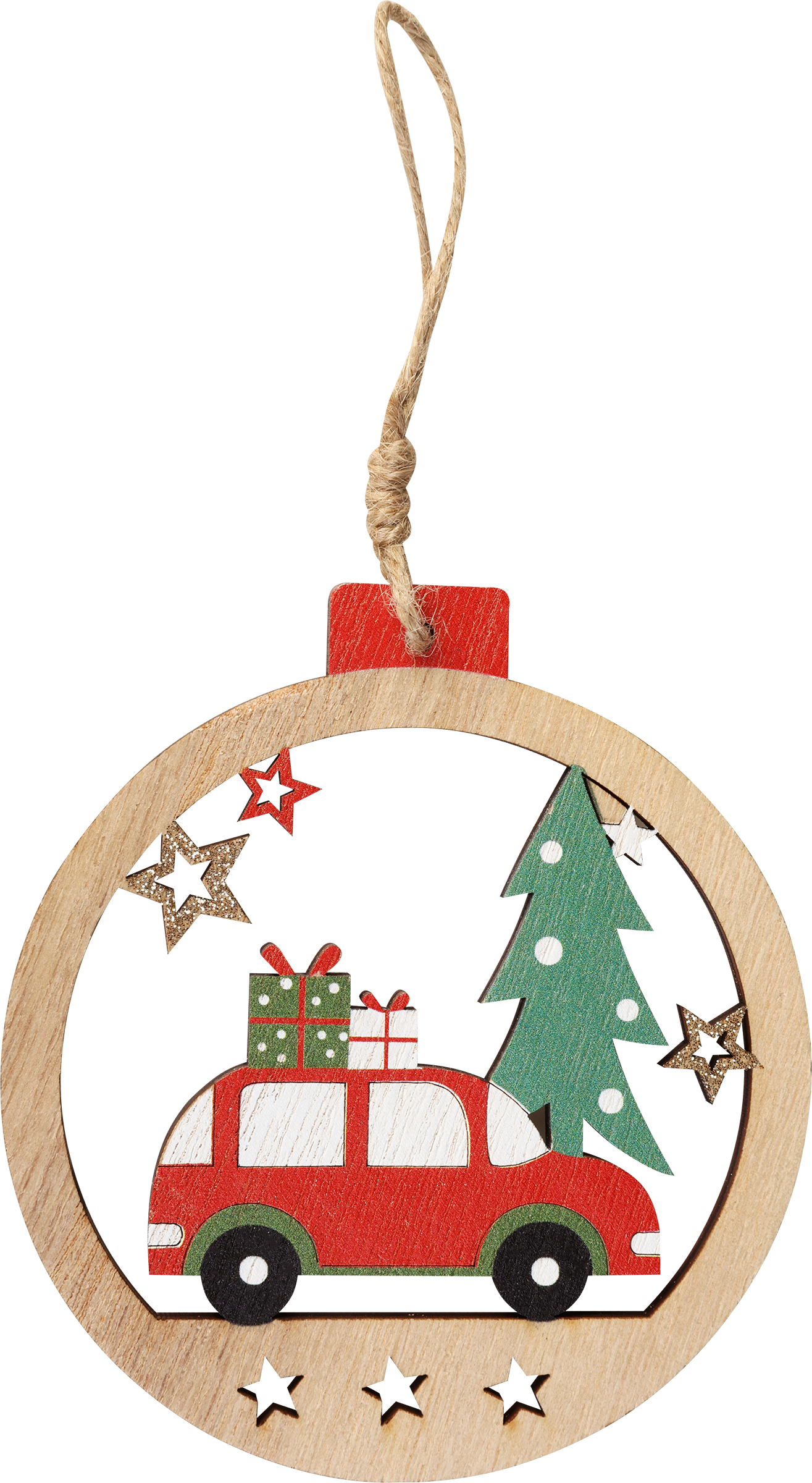 Изображение товара Украшение елочное HOMECLUB Машинка в шаре 12см из фанеры и джута