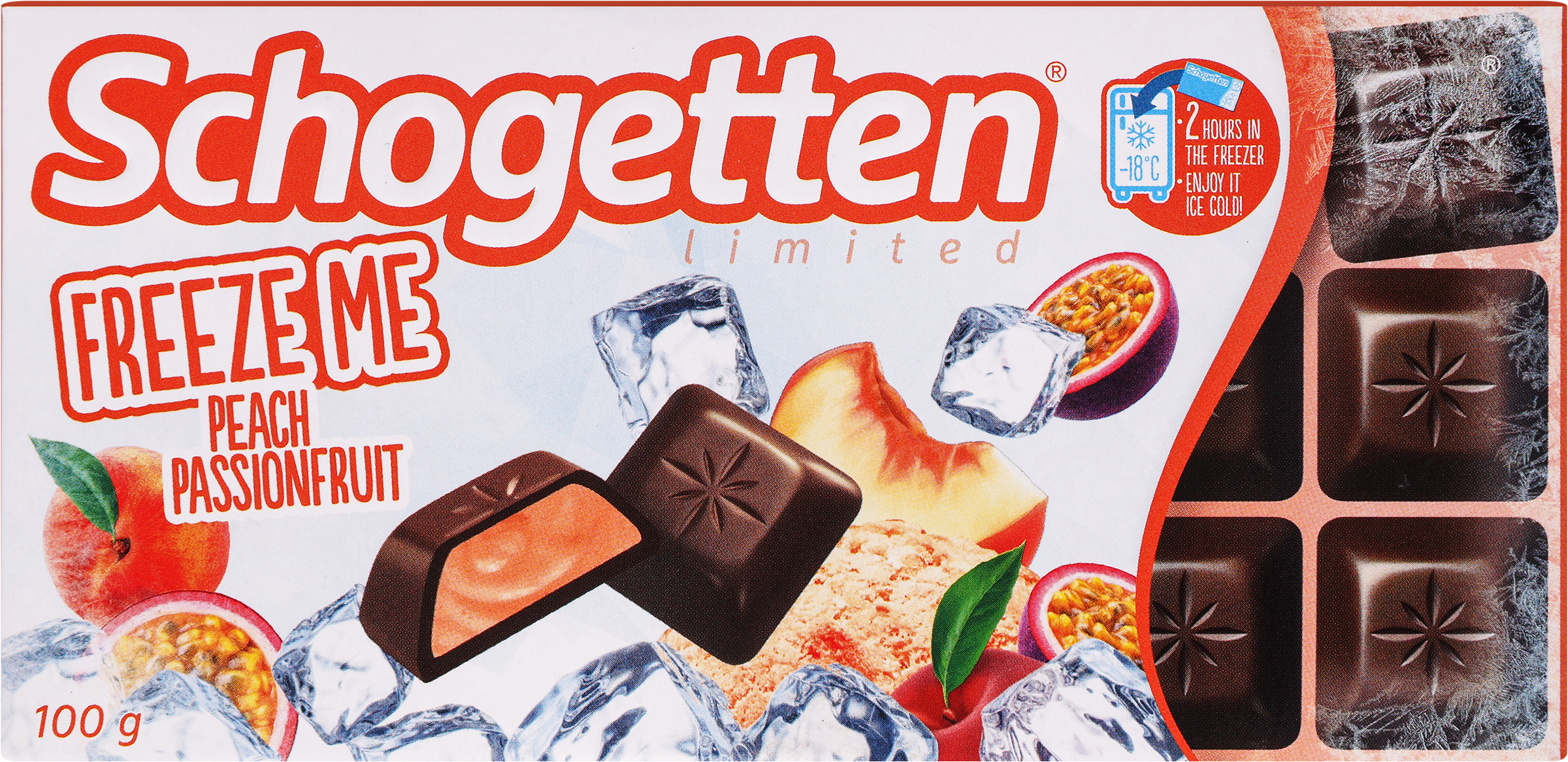 Изображение товара Шоколад молочный SCHOGETTEN Freeze me peach passionfruit, с кремовой начинкой с персиком и маракуйей, 100г