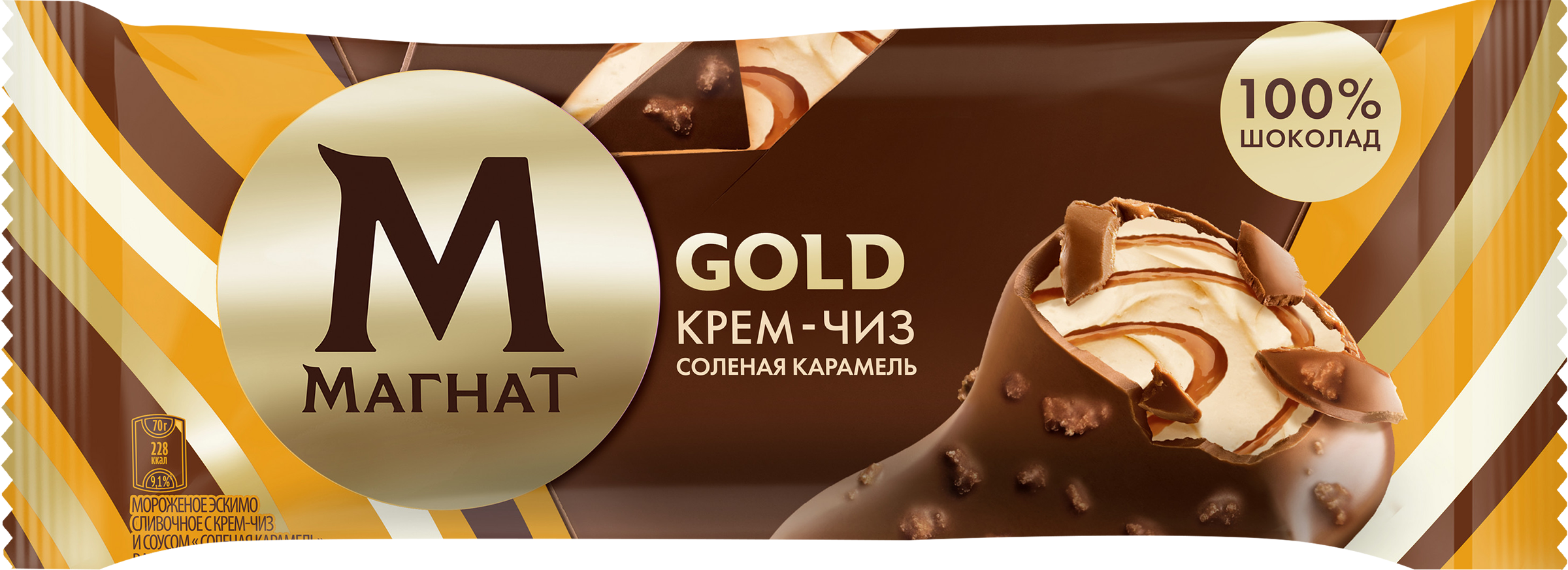Изображение товара Мороженое МАГНАТ Gold, сливочное с крем-чиз и соусом соленая карамель 8%, без змж, эскимо, 70г