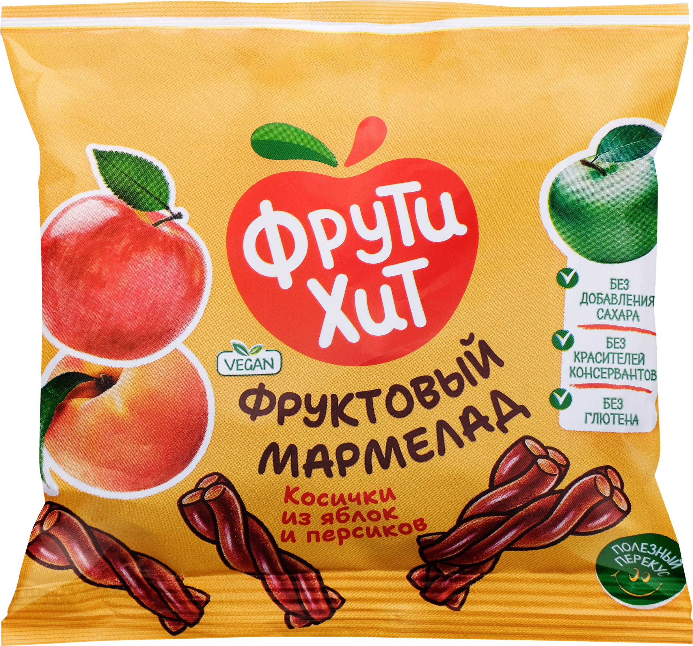 Изображение товара Мармелад жевательный ФРУТИХИТ Косички из яблок и персиков, без сахара, 45г