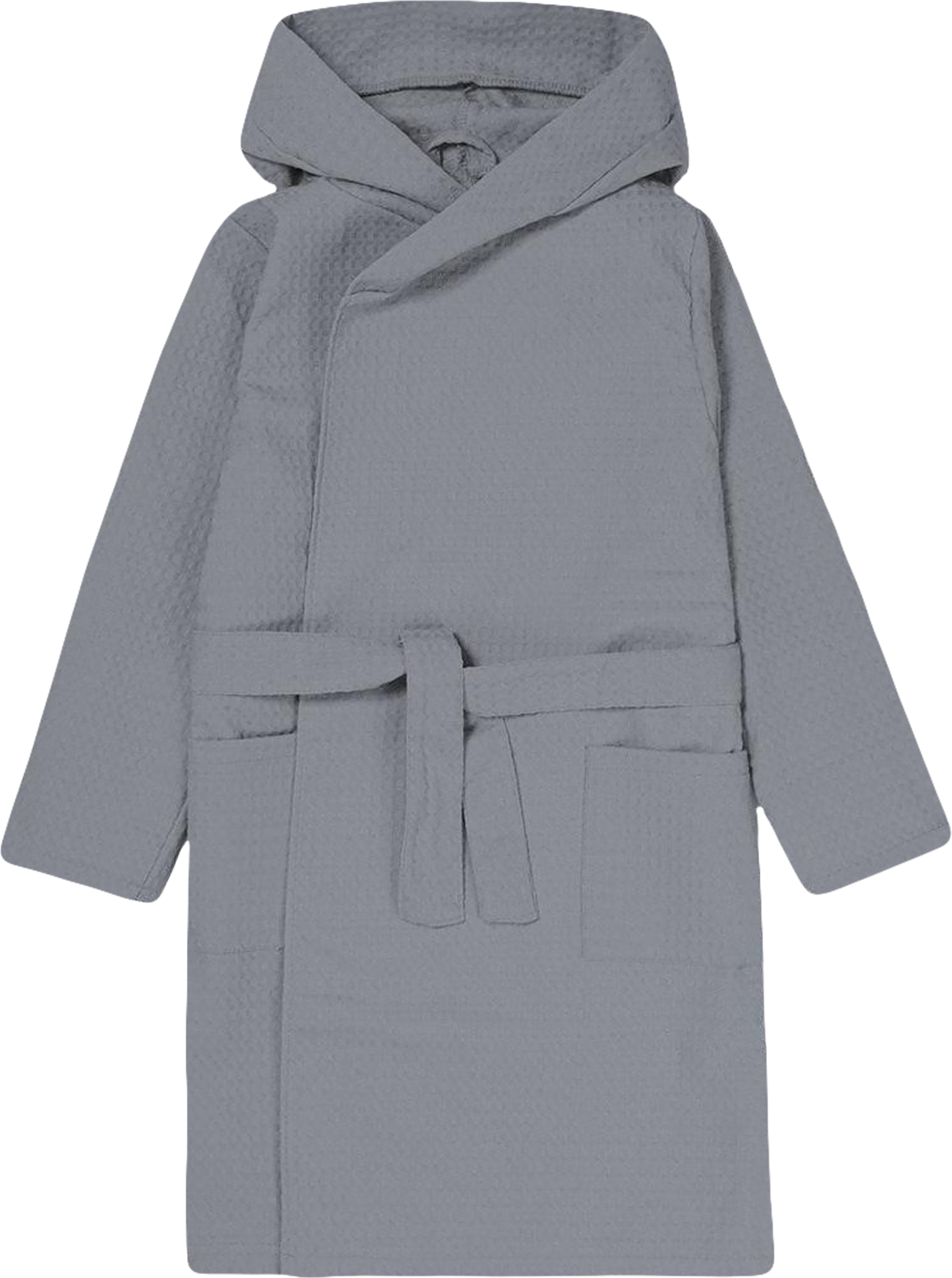 Изображение товара Детский хлопковый халат для мальчика с запахом капюшоном и поясом серый