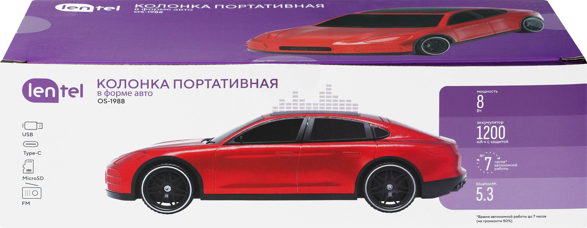 Изображение товара Портативная колонка LENTEL Спорткар 8Вт USB Type-C черный или красный