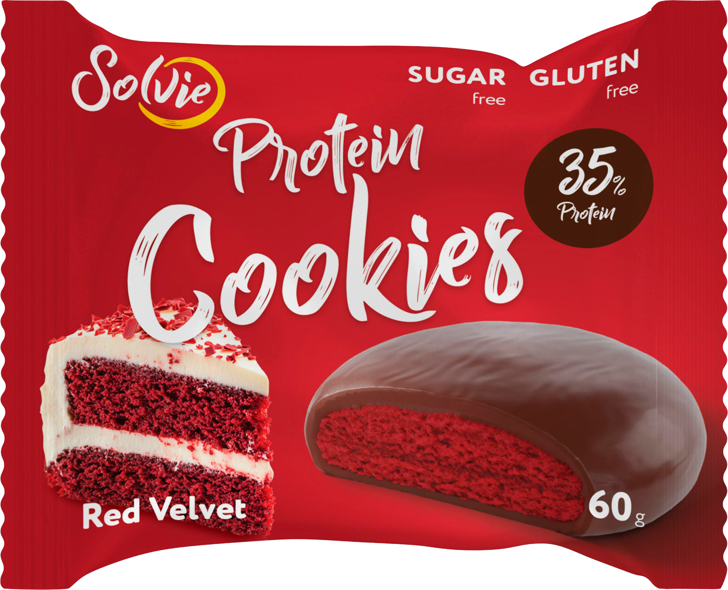 Изображение товара Протеиновое печенье SOLVIE Red Velvet 35% белка в молочном шоколаде 60г