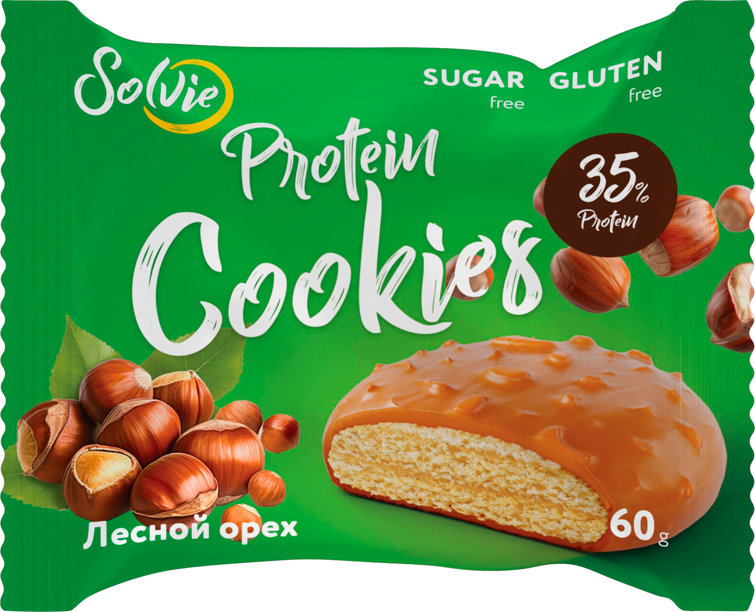 Изображение товара Печенье протеиновое SOLVIE Лесной орех 35% белка в молочной карамели, без сахара, 60г