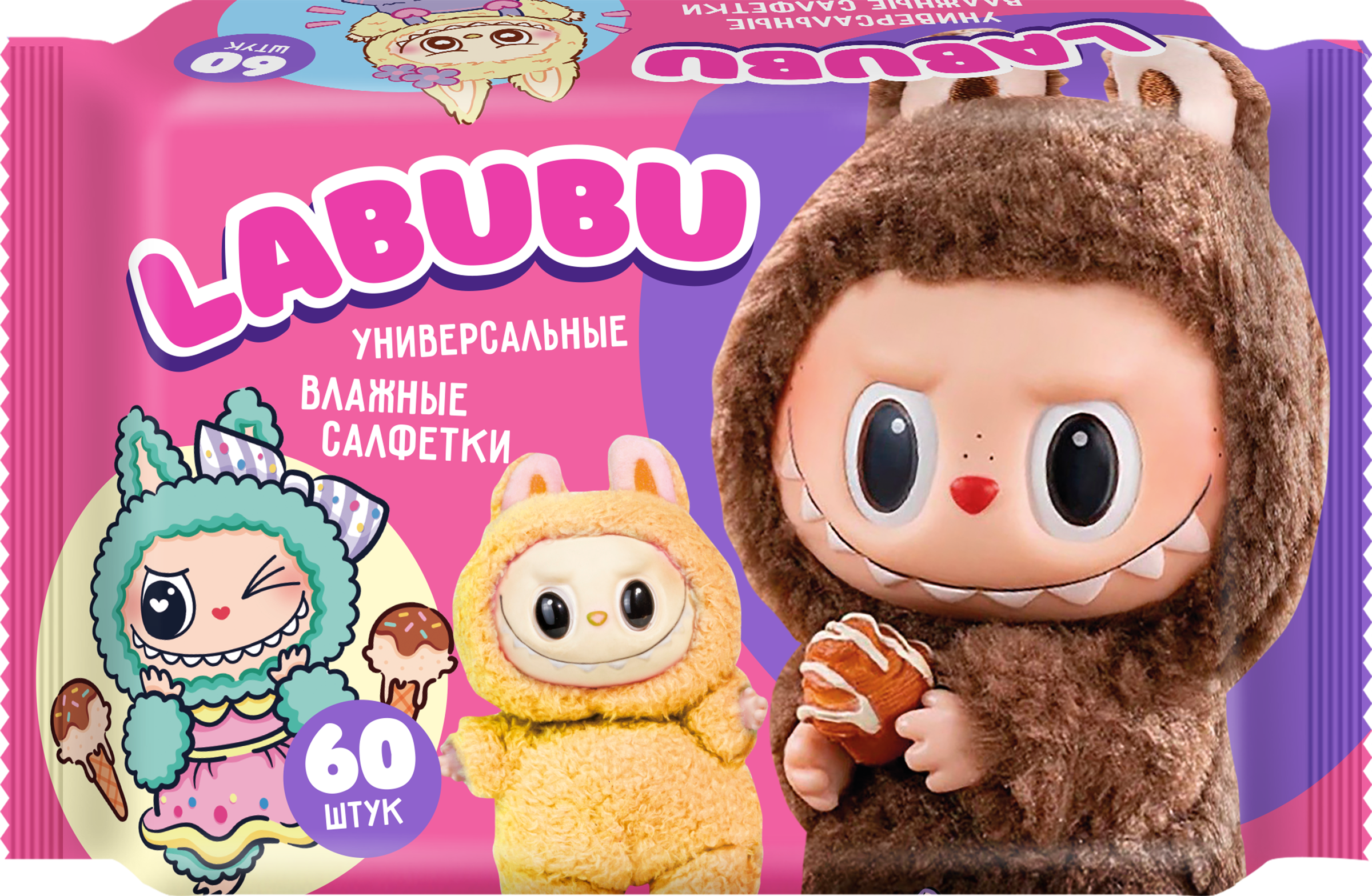 Изображение товара Универсальные влажные салфетки LABUBU 60 шт для детей и взрослых