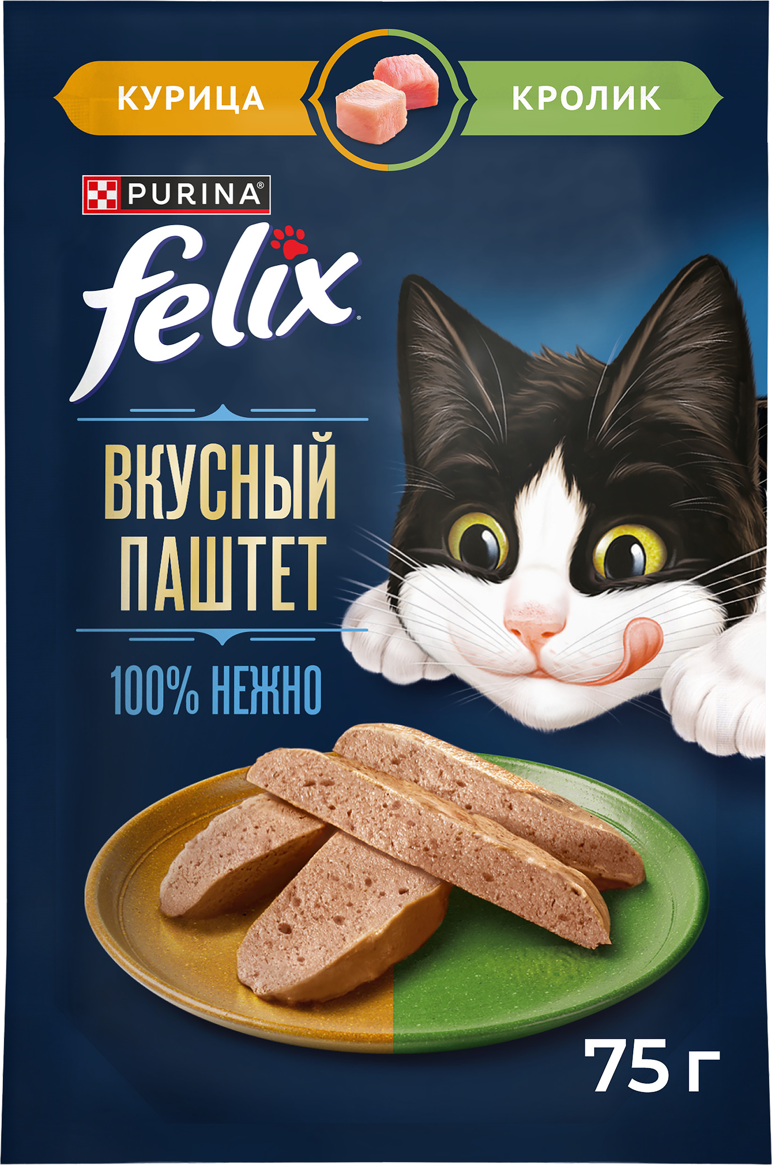 Изображение товара Корм влажный для кошек FELIX паштет со вкусом курицы и кролика, 75г