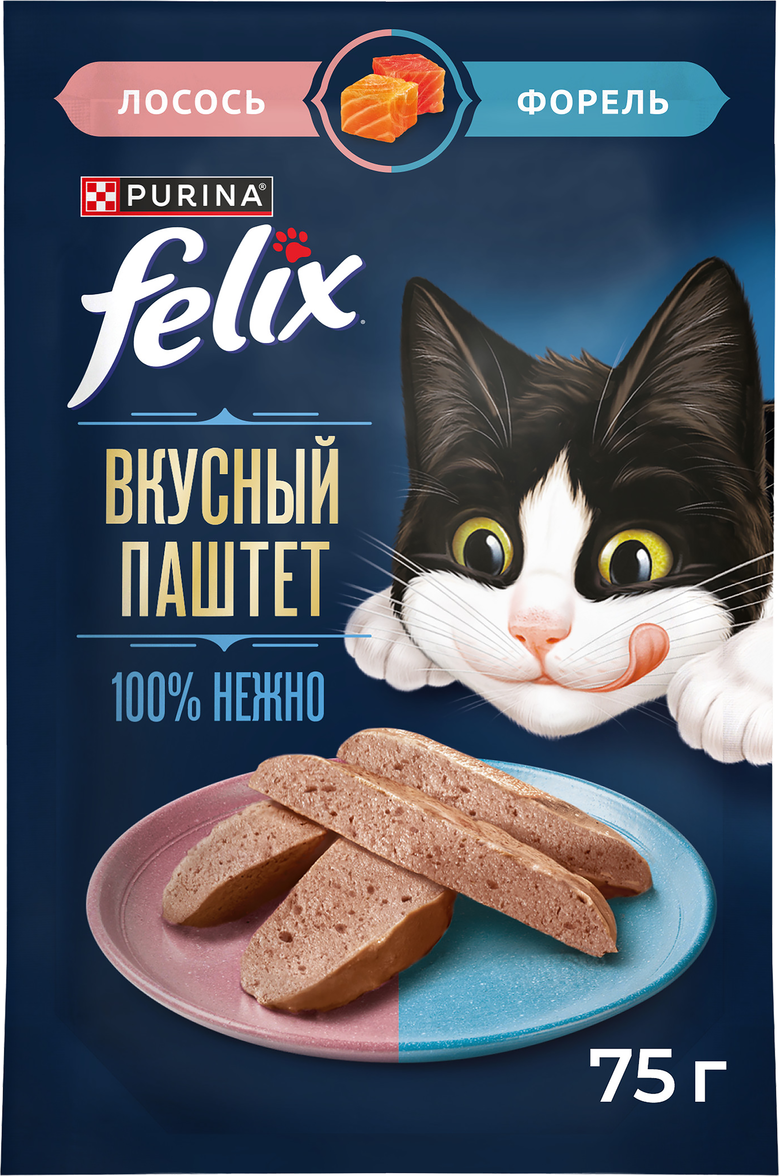 Изображение товара Корм влажный для кошек FELIX паштет со вкусом лосося и форели, 75г