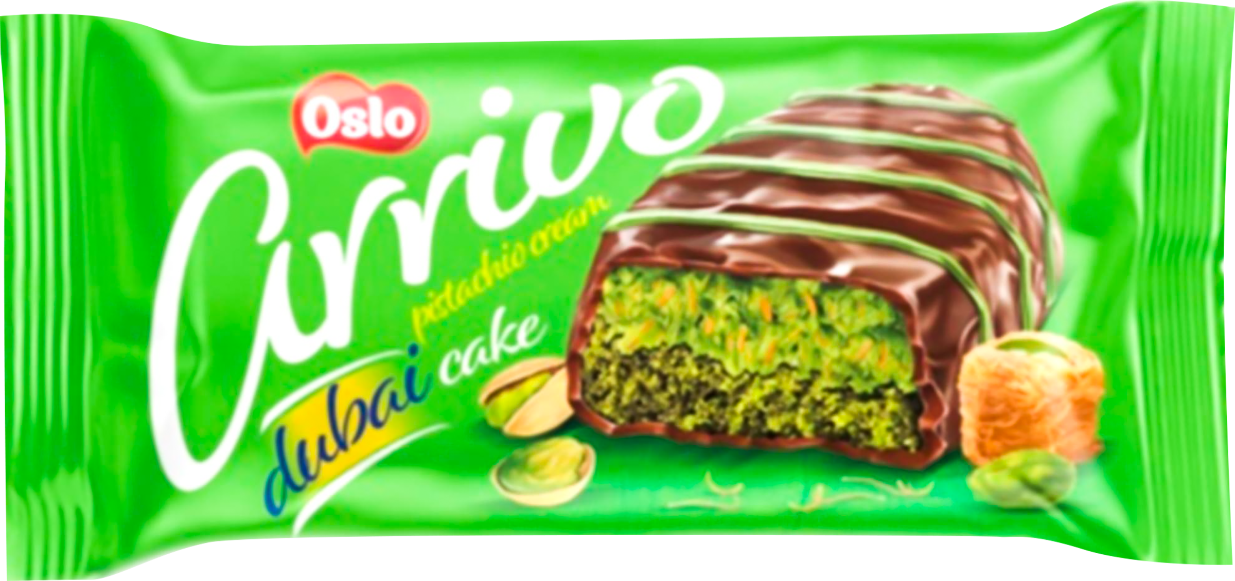 Изображение товара Батончик бисквитный OSLO Arrivo Дубайский кекс в какао-глазури фисташковым кремом, 40г
