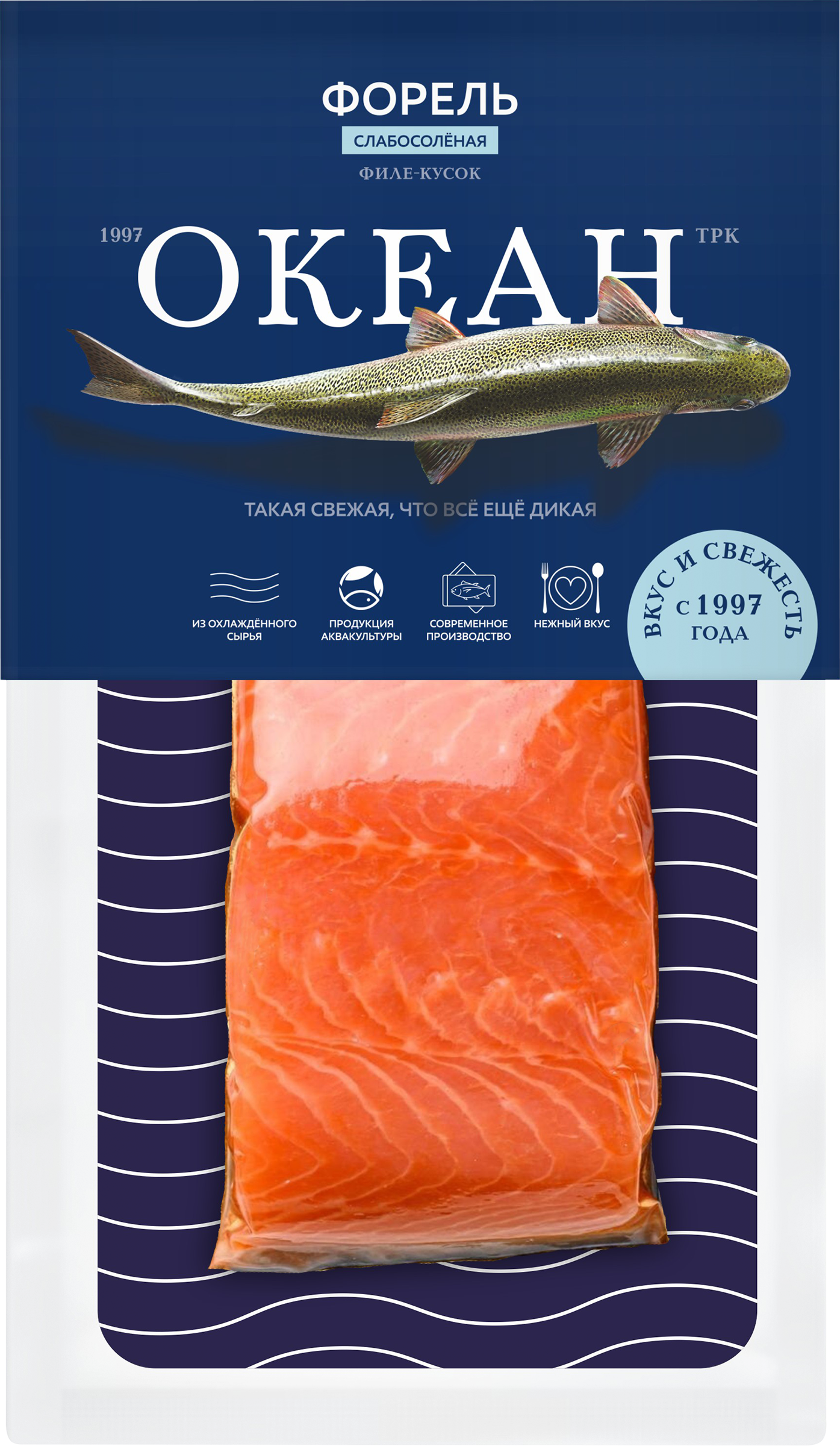 Изображение товара Форель Радужная слабосоленая ОКЕАН филе-кусок 150г - деликатесная рыба для обеда и закусок