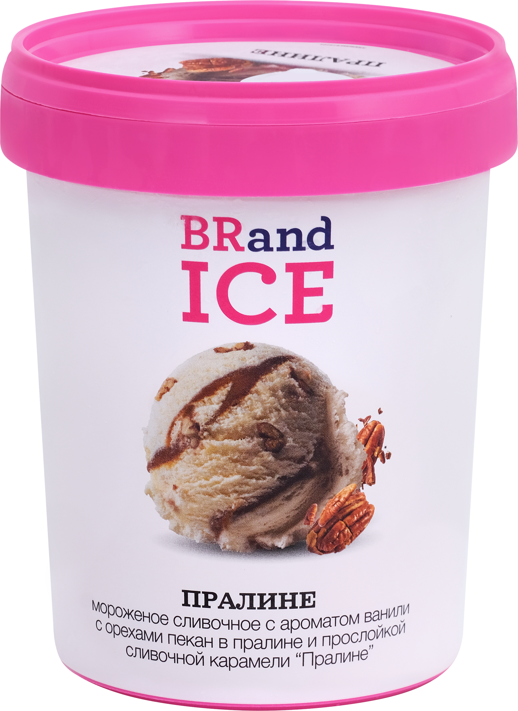 Изображение товара Мороженое BRAND ICE Пралине, сливочное с ароматом ванили и орехом пекан 12%, без змж, пластиковый стакан, 500г