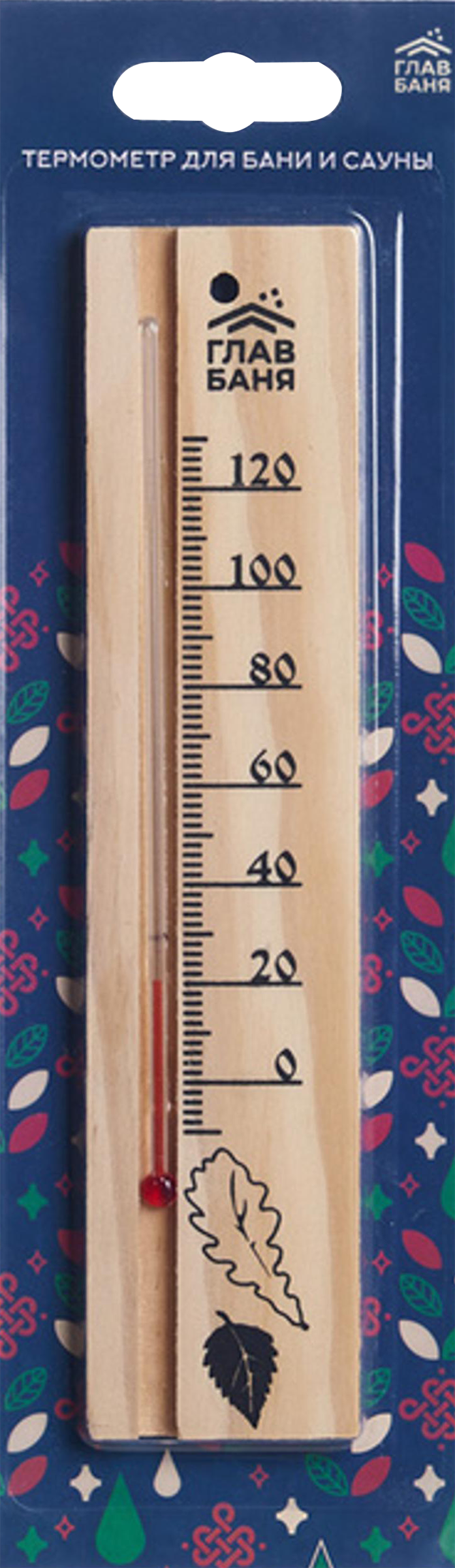 Изображение товара Термометр банный ГЛАВБАНЯ Листочки жидкостный 20х4,5х0,7см для сауны и бани