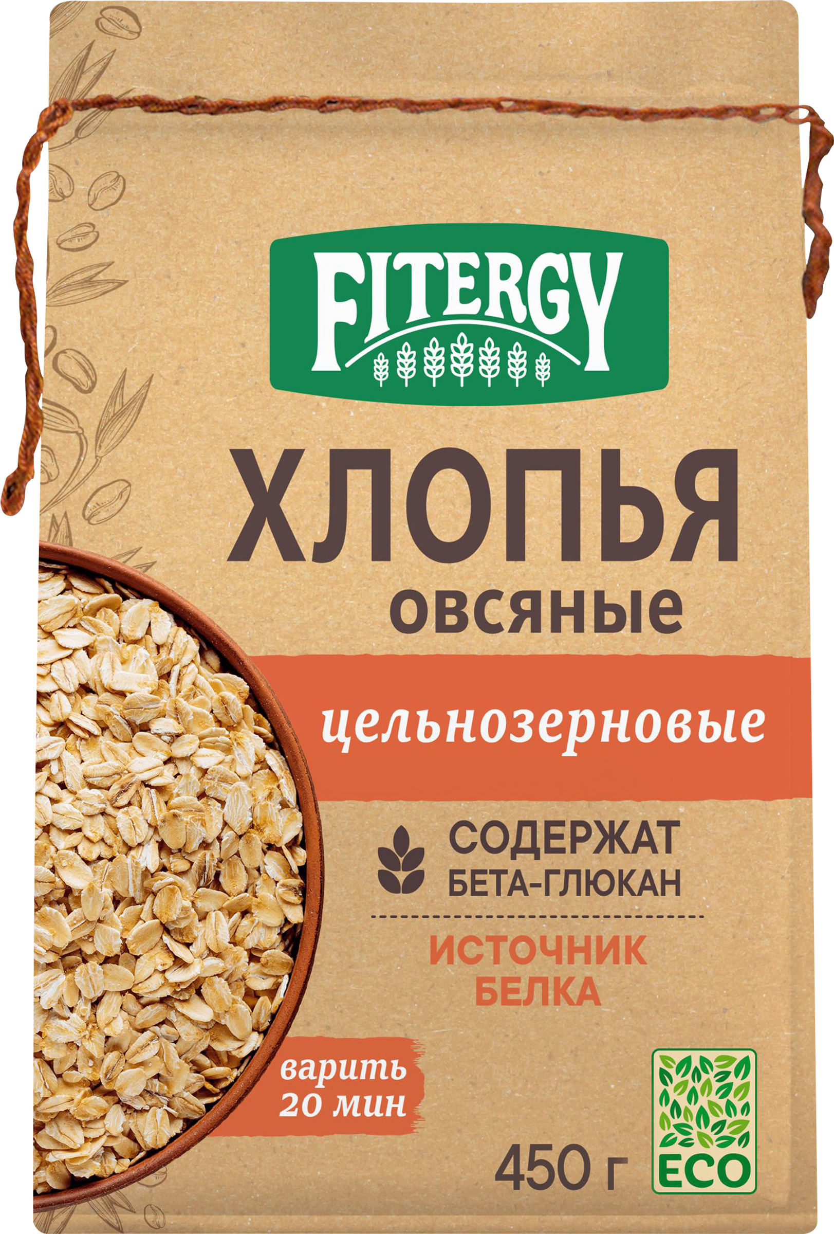Изображение товара Хлопья овсяные FITERGY цельнозерновые 450г для приготовления каши