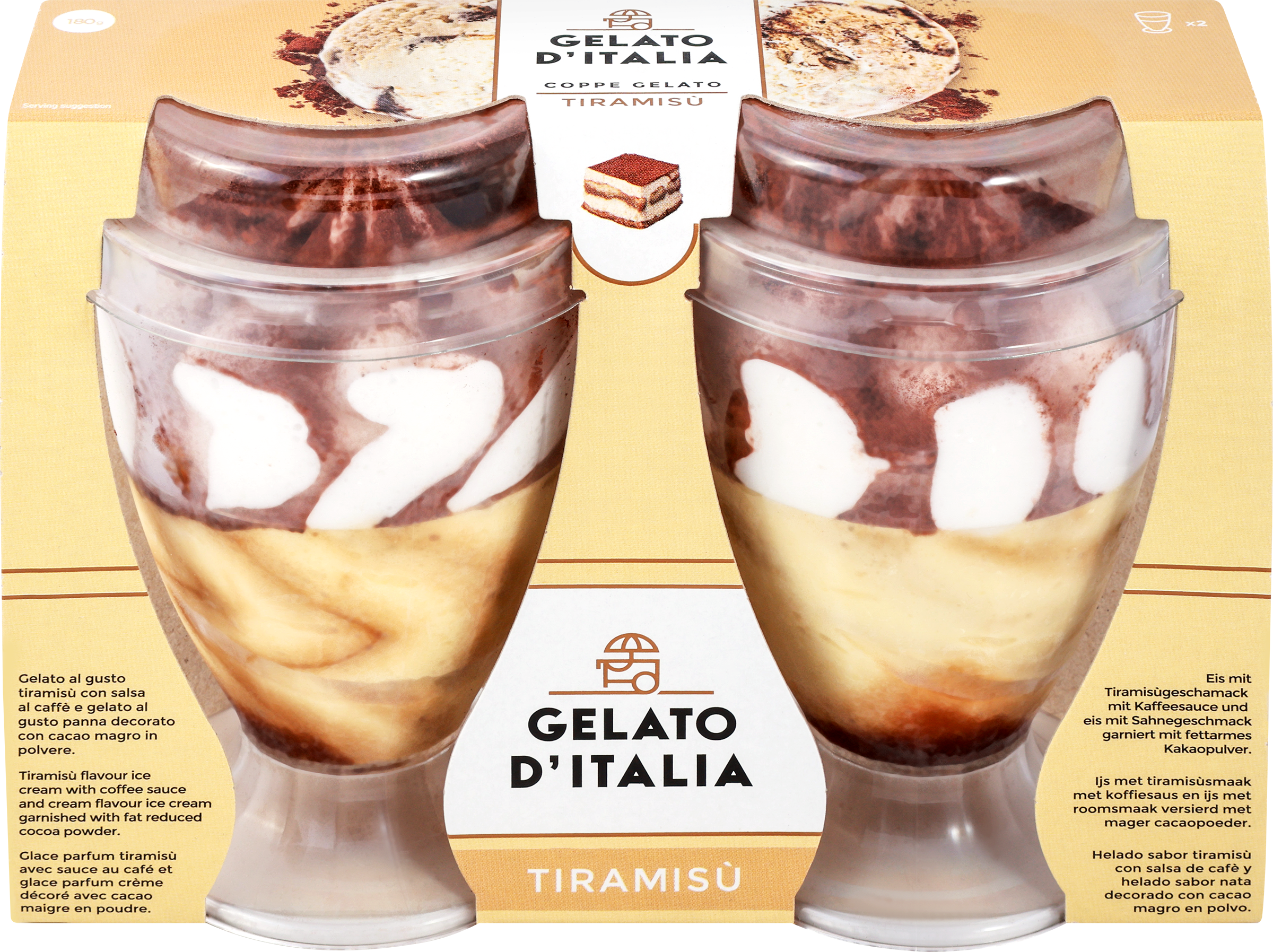 Изображение товара Мороженое GELATO D`ITALIA Итальянское мороженое Джелато, со вкусом тирамису, без змж, пластиковый стакан, 180г