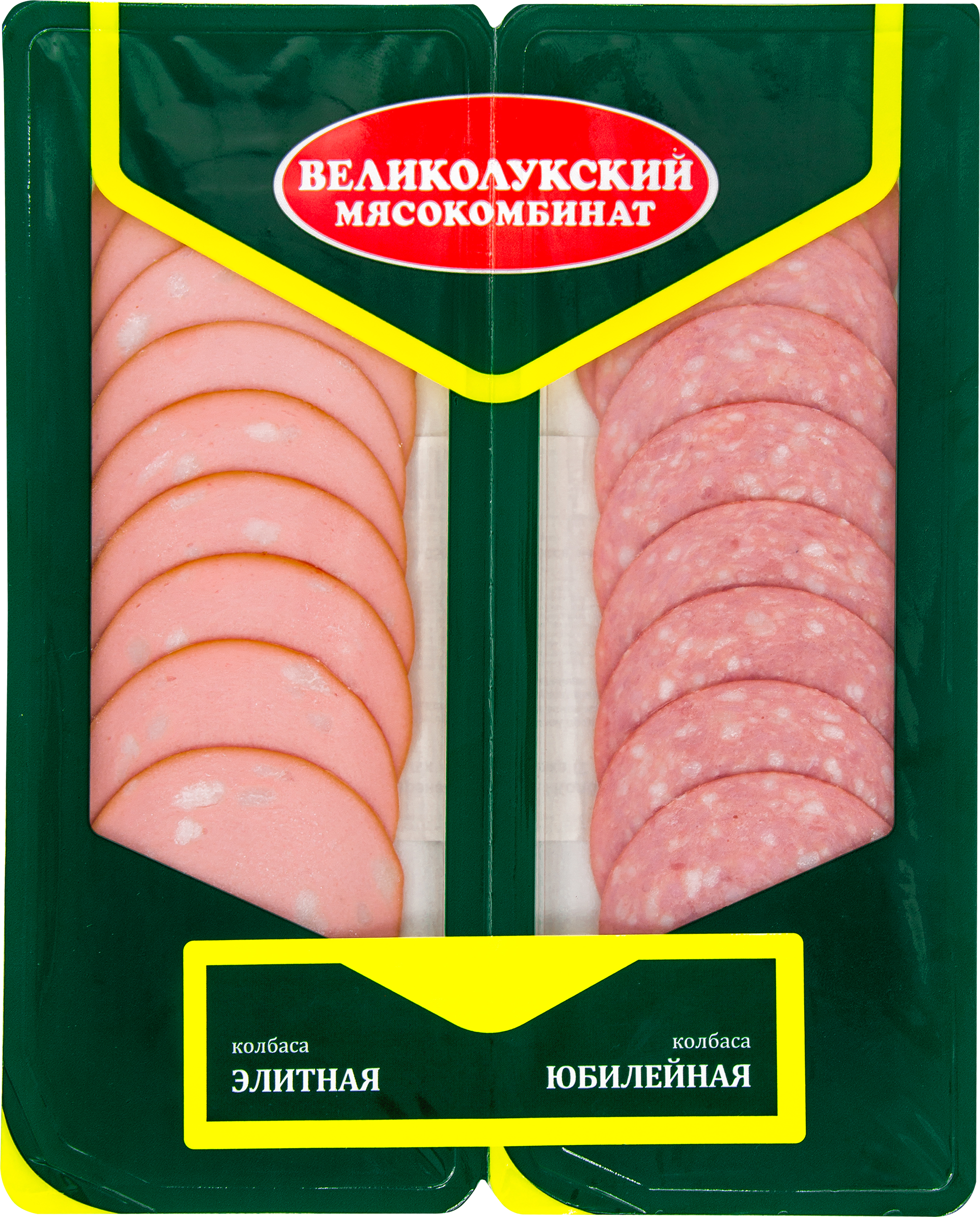 Изображение товара Колбаса МК ВЕЛИКОЛУКСКИЙ Ассорти Элитная вареная+Юбилейная полукопченая 100г