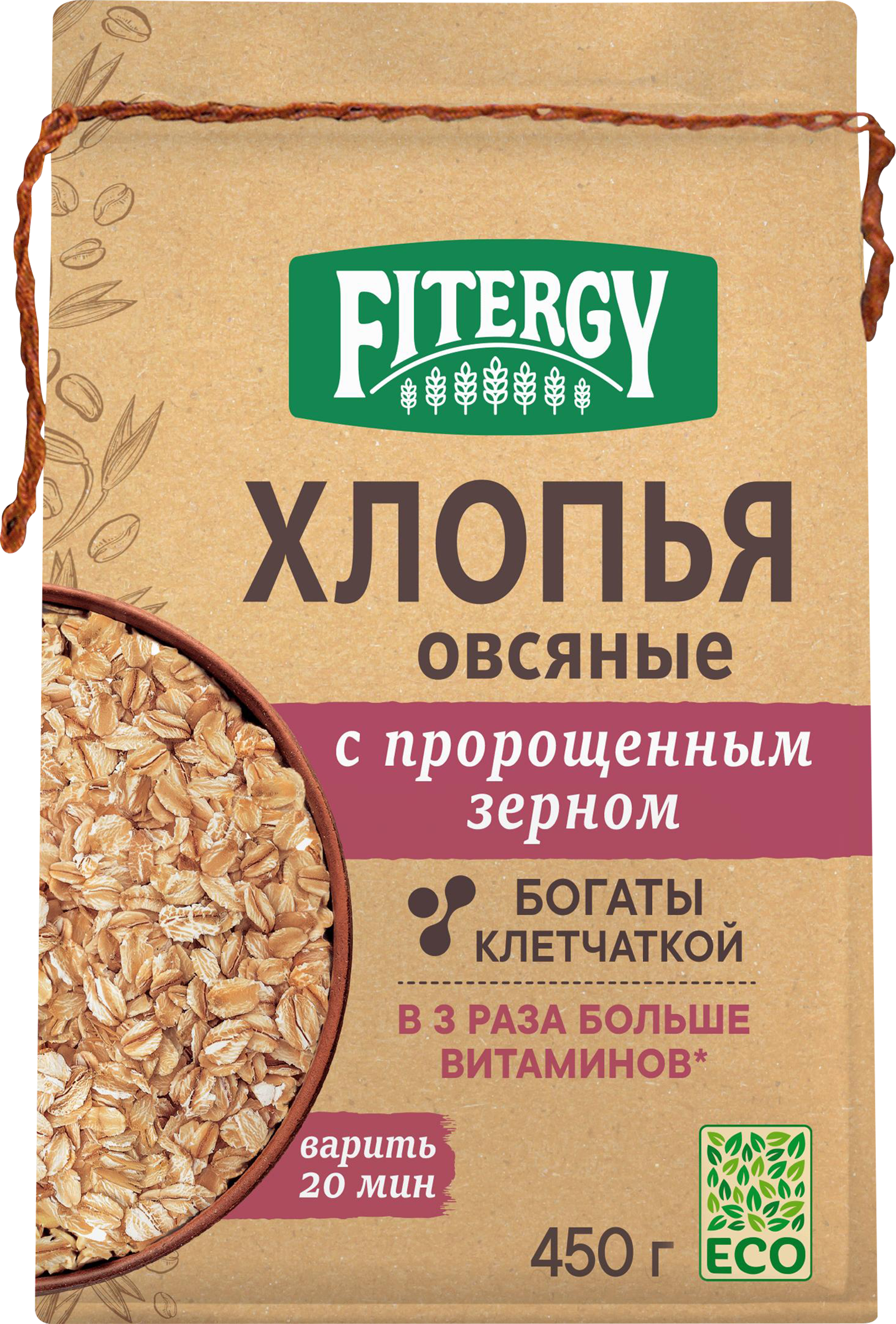 Изображение товара Хлопья овсяные FITERGY с пророщенным зерном, 450г