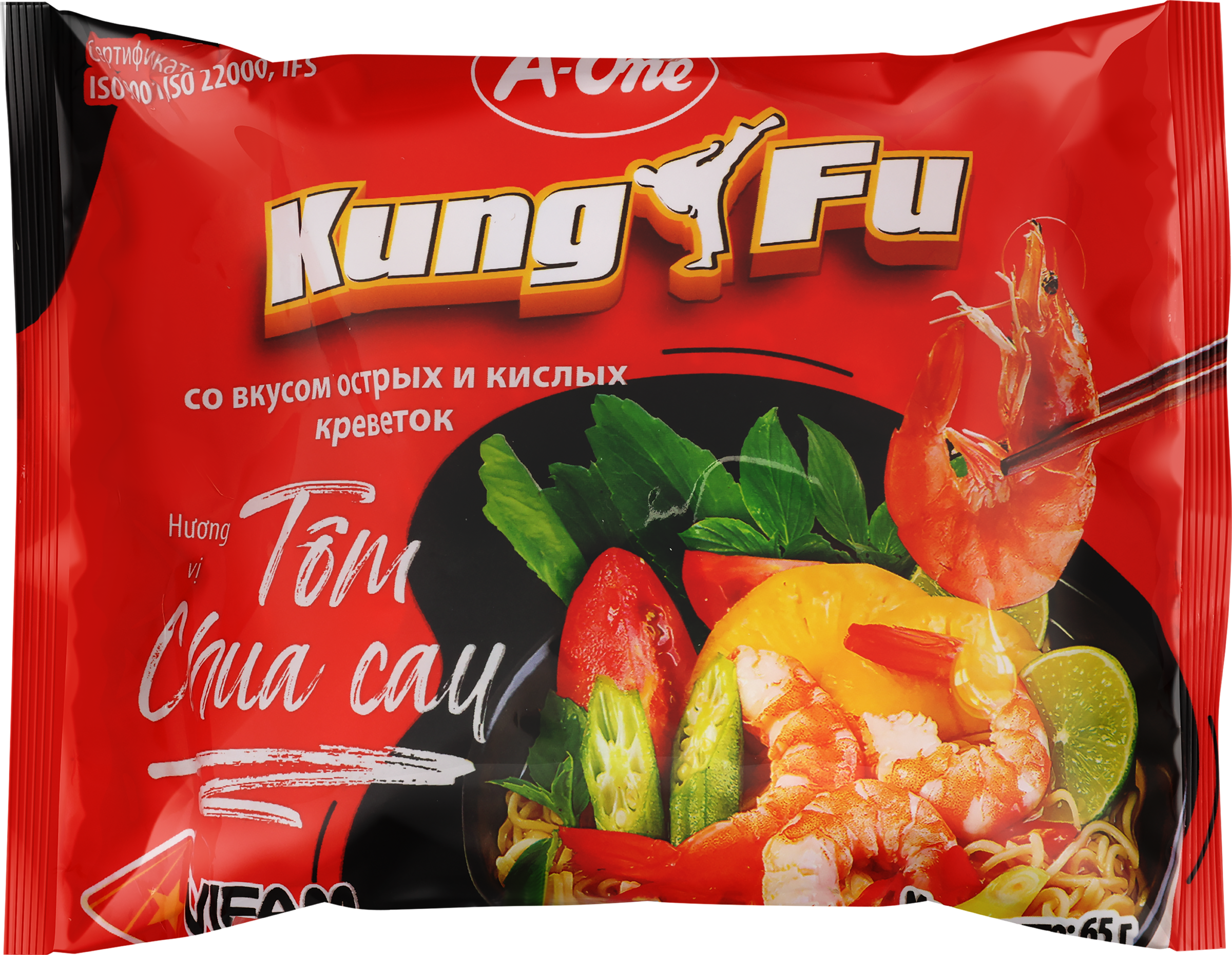 Изображение товара Лапша A-ONE Kung Fu, со вкусом острых и кислых креветок, 65г
