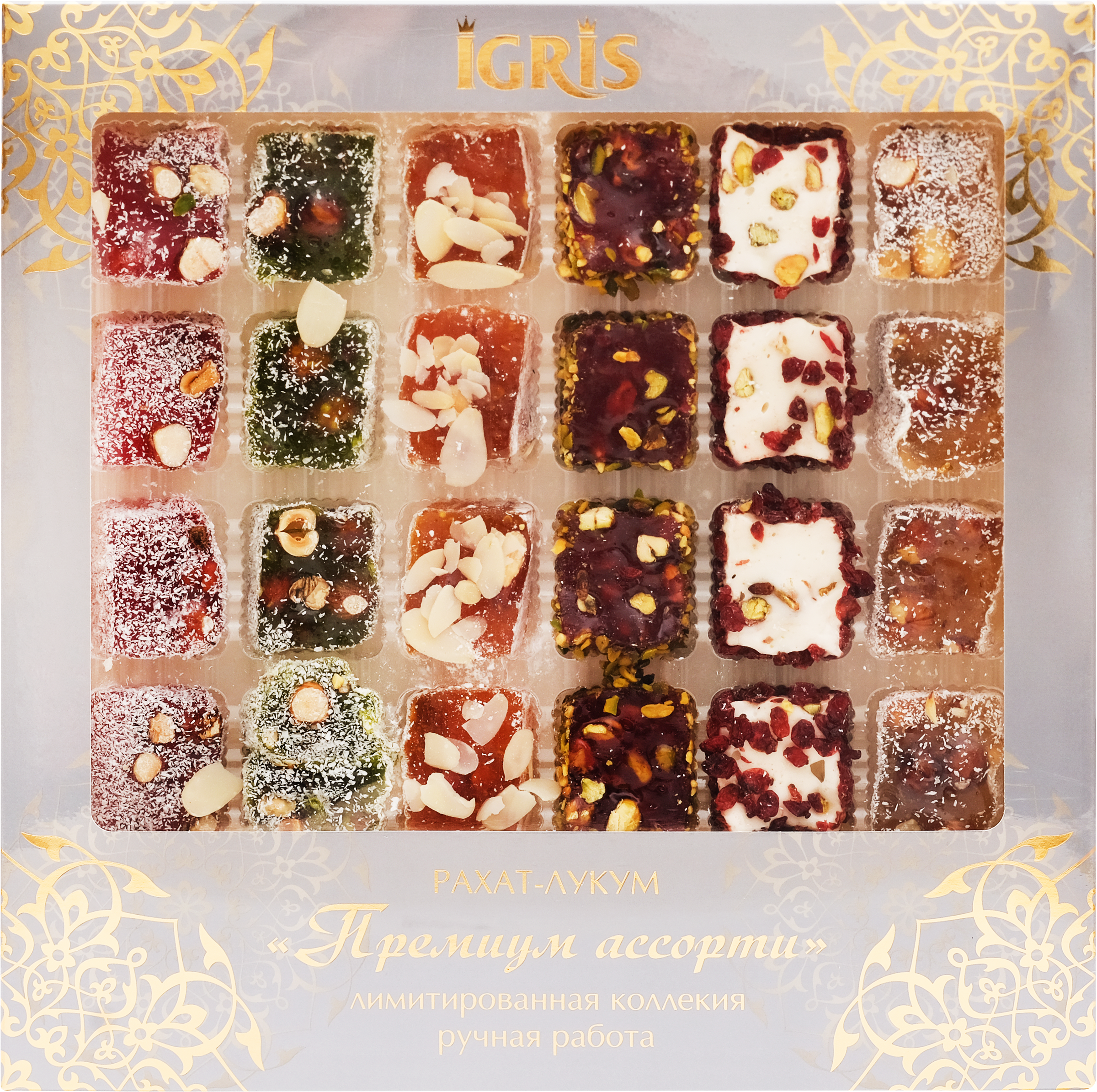 Изображение товара Рахат-лукум IGRIS Grey Премиум ассорти с фруктовыми вкусами 900г