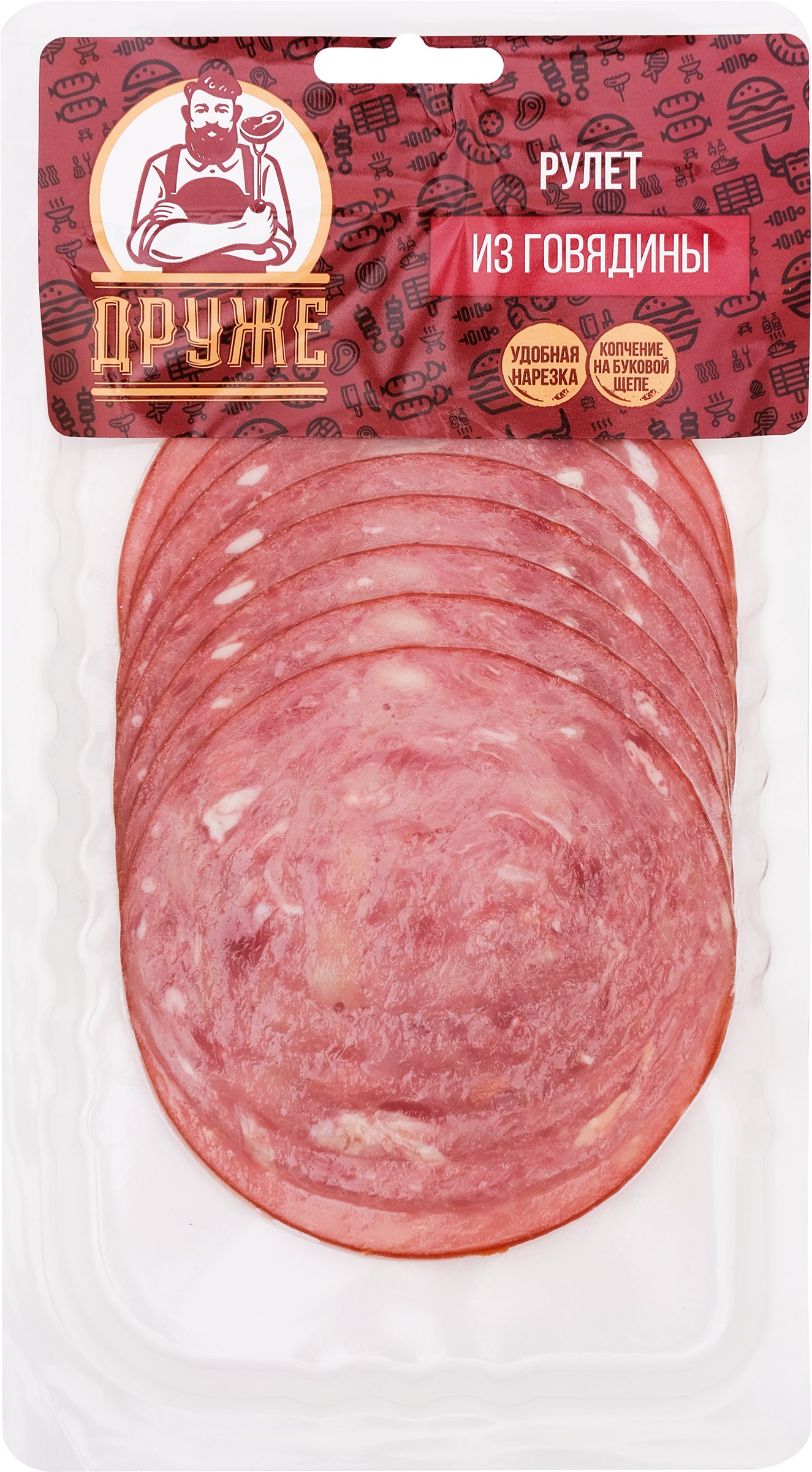 Изображение товара Рулет копчено-вареный ДРУЖЕ из говядины, нарезка, 80г
