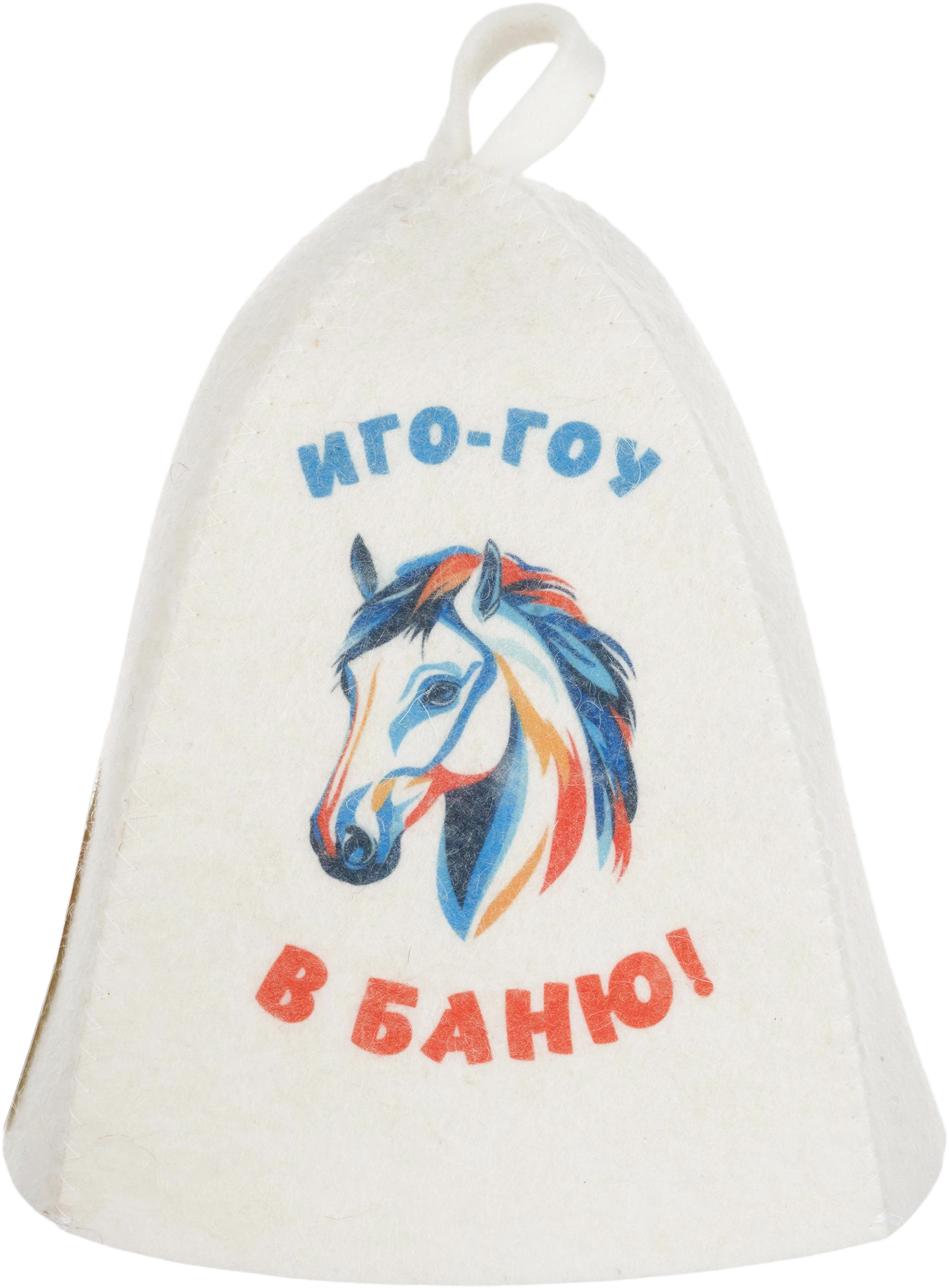 Изображение товара Шапка для бани и сауны ГЛАВБАНЯ с принтом Кони белый войлок