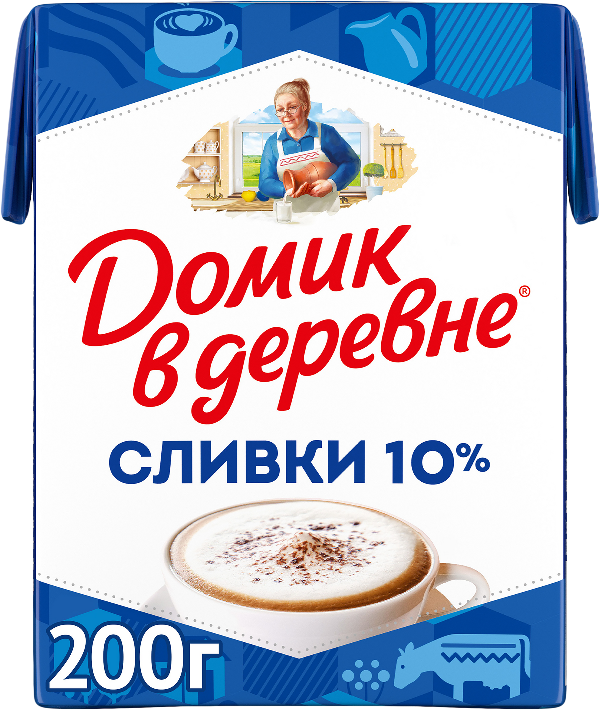 Изображение товара Сливки стерилизованные ДОМИК В ДЕРЕВНЄ 10% жирности, 200г - натуральный молочный продукт для напитк