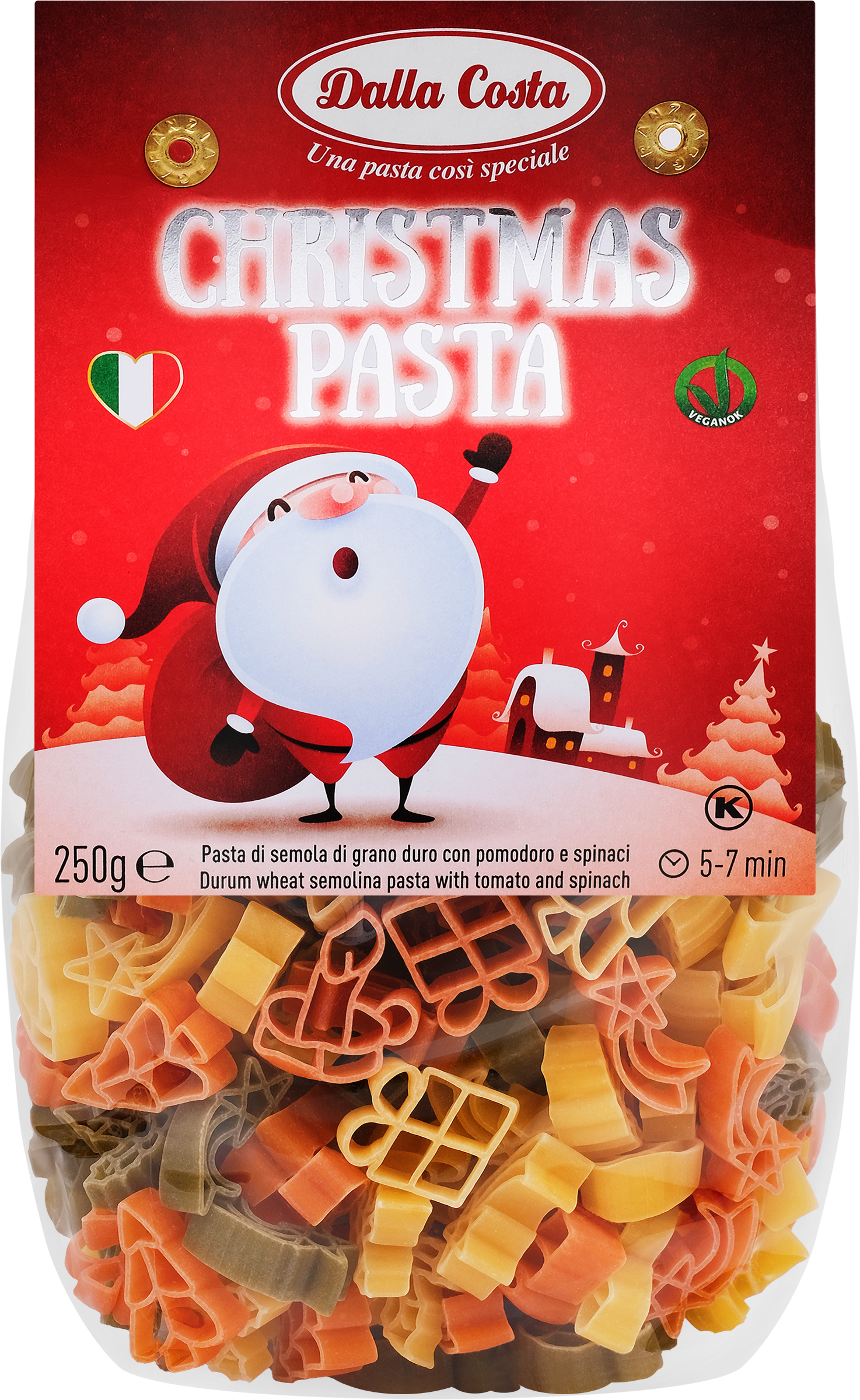 Изображение товара Макароны DALLA COSTA Рождество с томатами и шпинатом 250г натуральные овощи