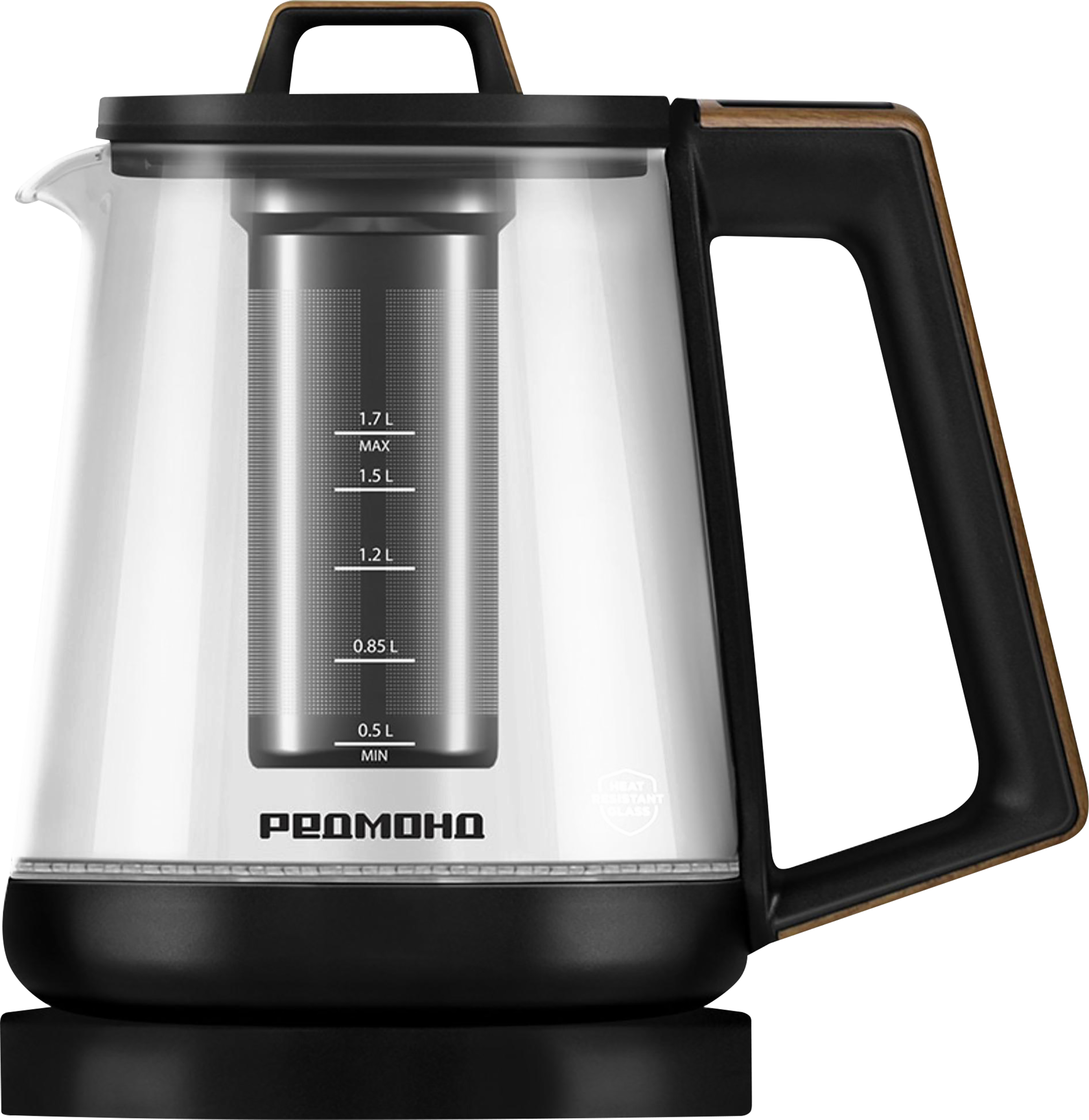 Изображение товара Стеклянный электрический чайник РЕДМОНД черный с деревом 1850-2200Вт