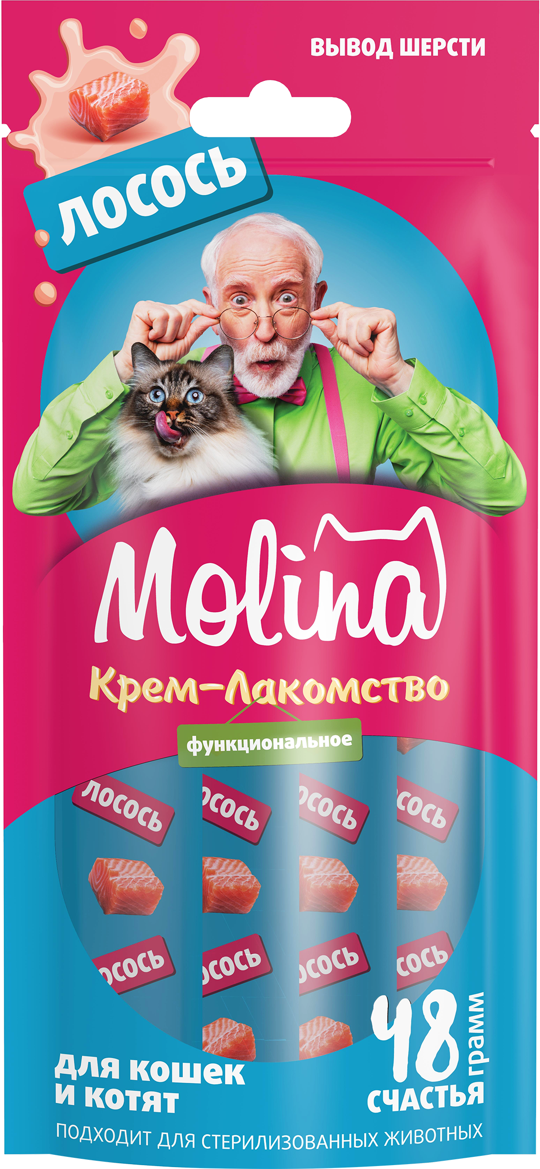 Изображение товара Лакомство для кошек MOLINA с лососем для выведения комков шерсти 48г