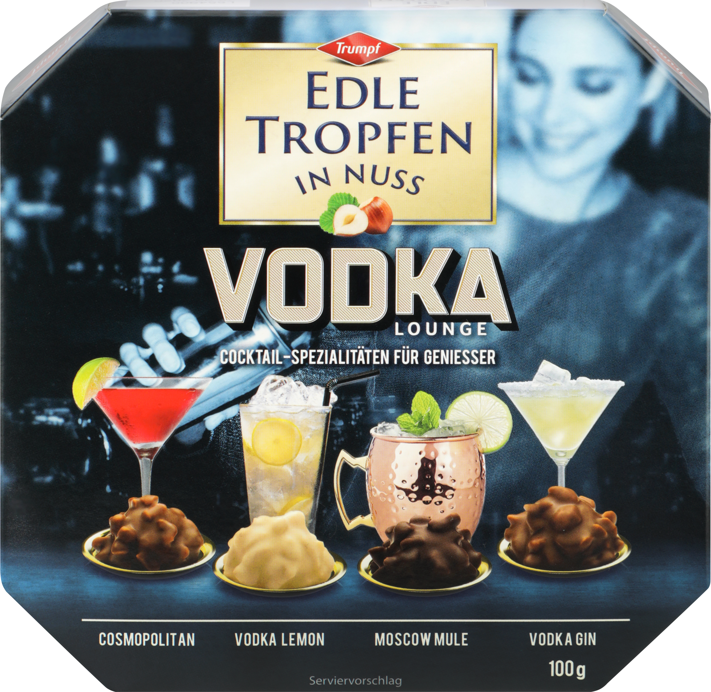 Изображение товара Конфеты шоколадные TRUMPF Edle Tropfen In Nuss Vodka Lounge 100г премиум качество