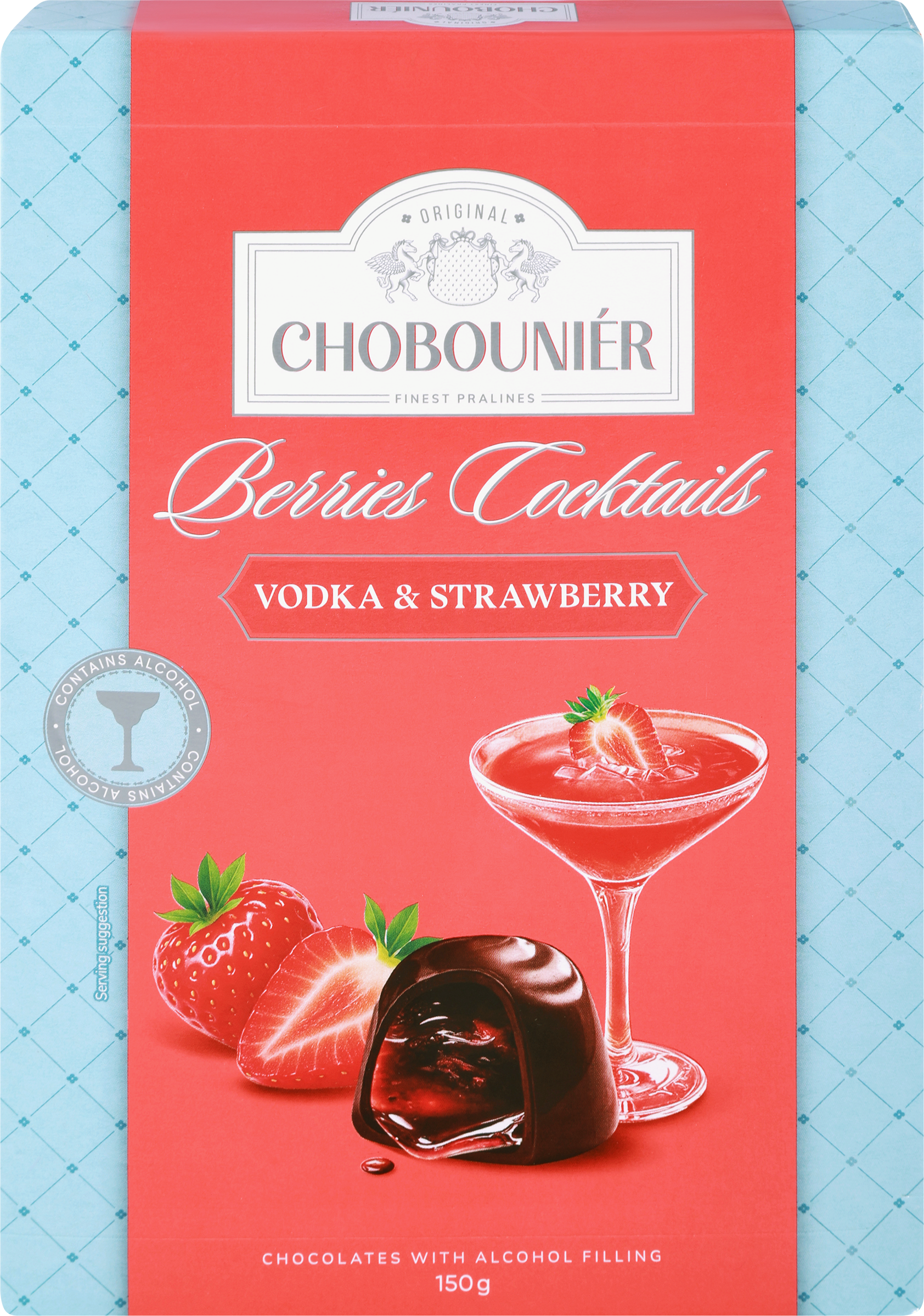 Изображение товара Конфеты шоколадные СHOBOUNIER с начинкой из клубничного сока и водки 150г