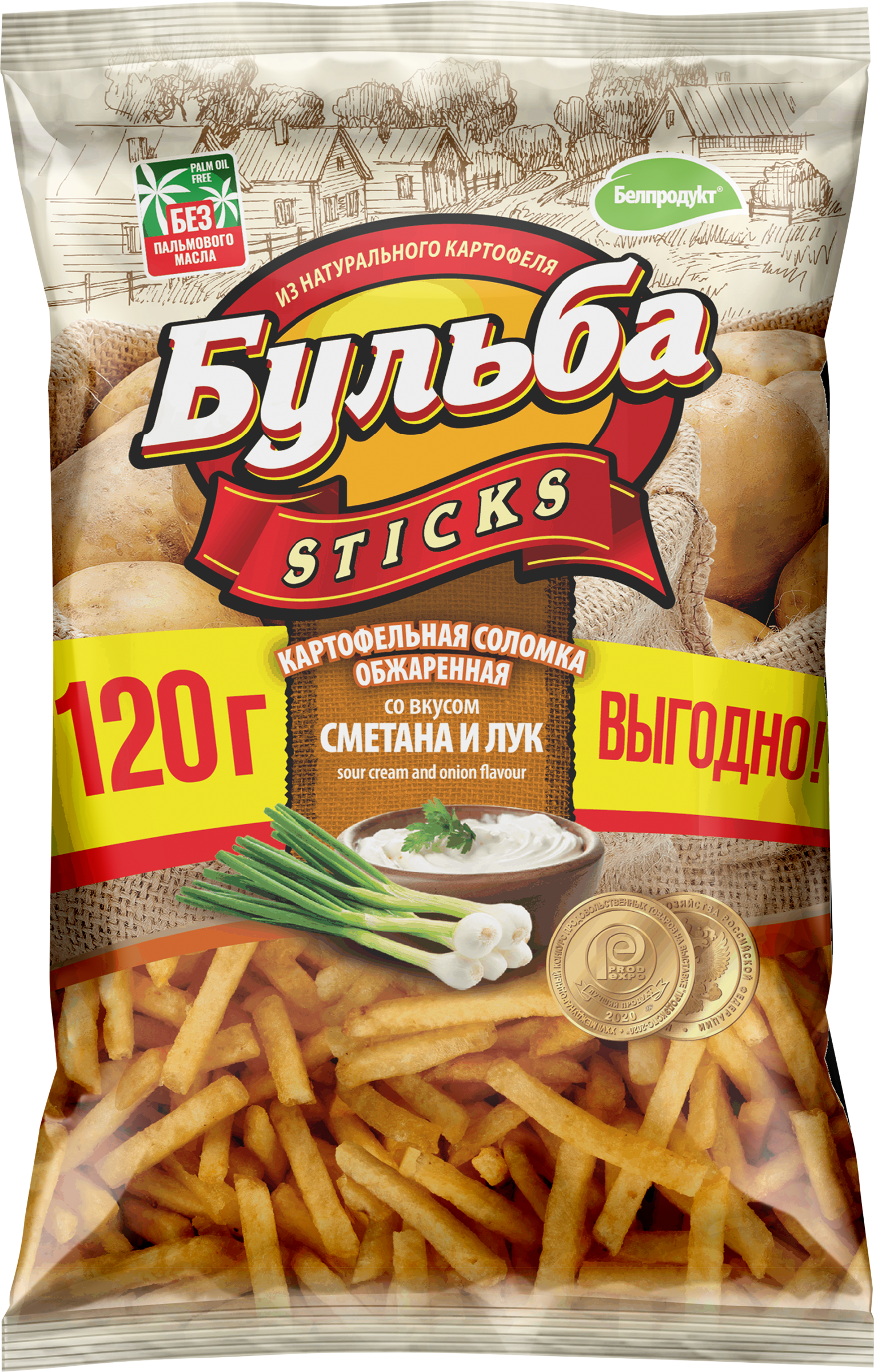 Изображение товара Картофельные чипсы со вкусом сметаны и лука БУЛЬБА STICKS 120г