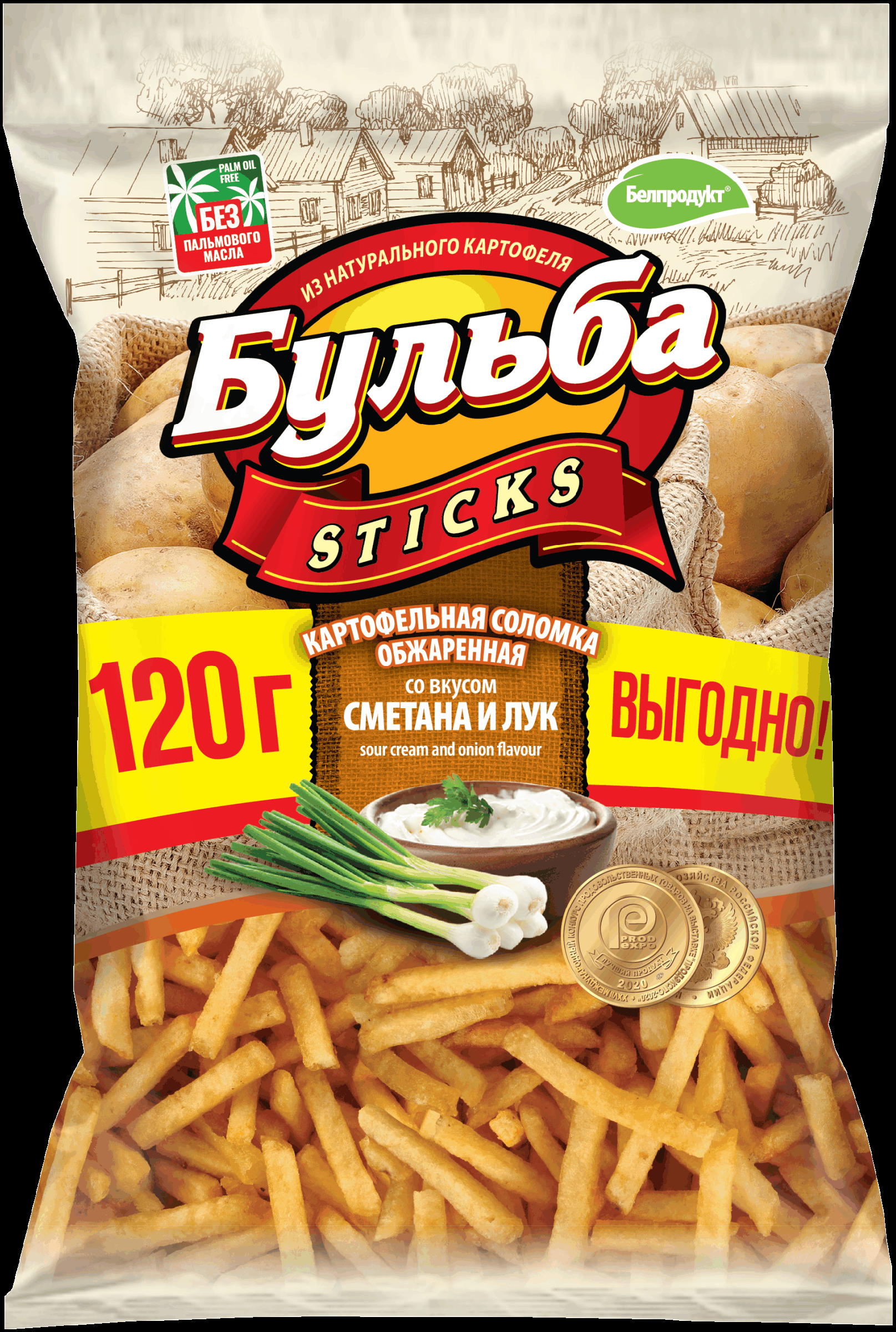 Изображение товара Картофельные чипсы со вкусом сметаны и лука БУЛЬБА STICKS 120г