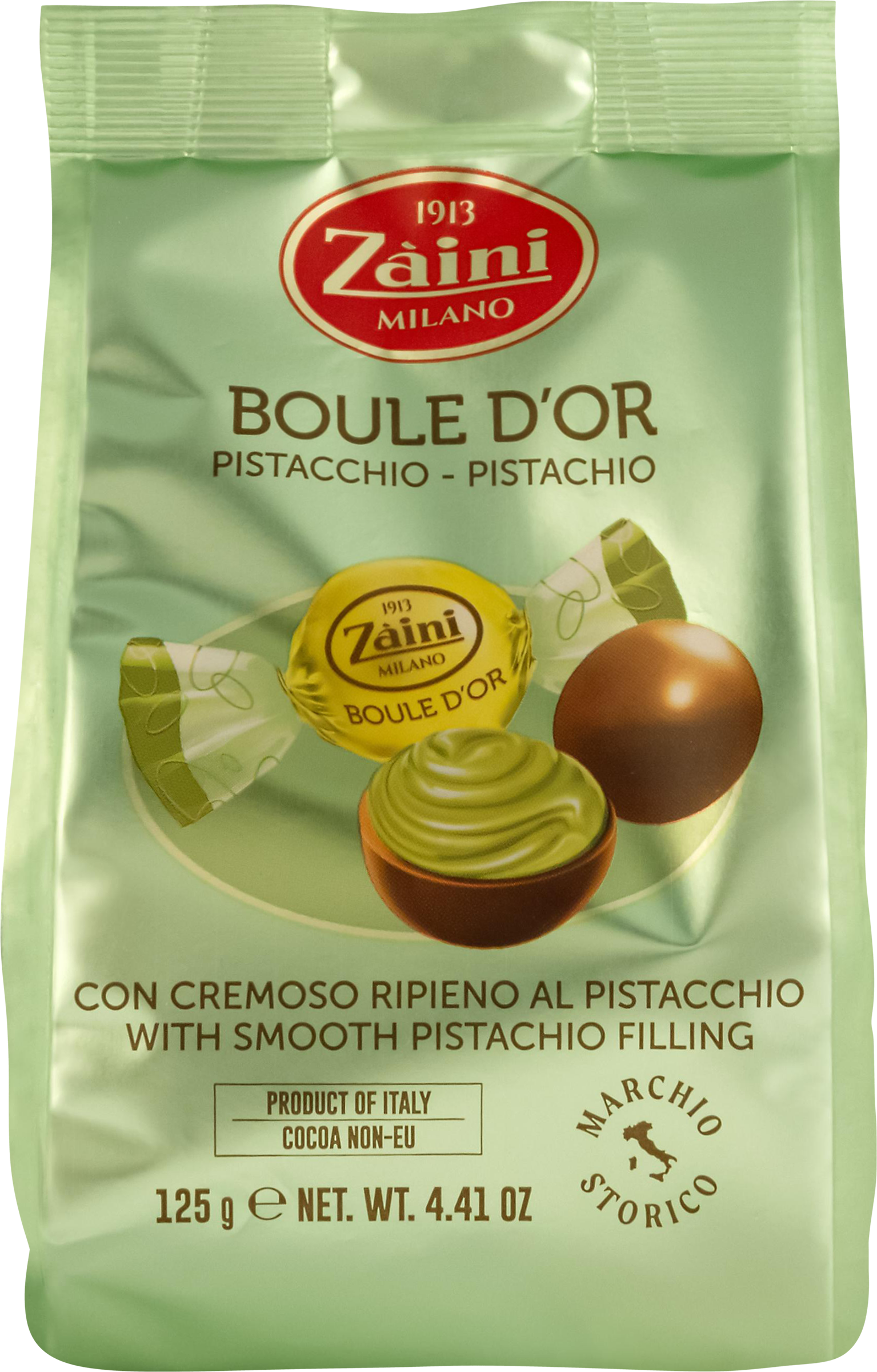 Изображение товара Конфеты шоколадные ZAINI Boule d'or из молочного шоколада с фисташковым кремом, 125г