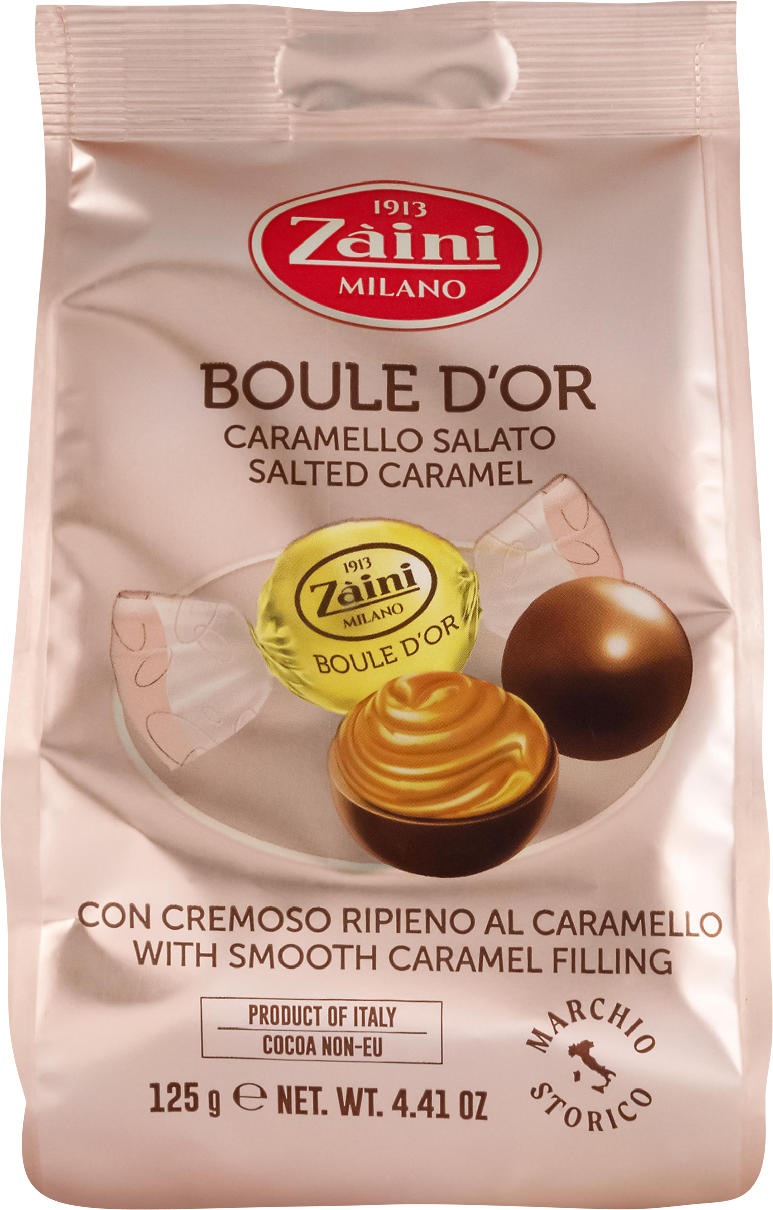 Изображение товара Конфеты шоколадные ZAINI Boule d'or из молочного шоколада с кремом соленая карамель, 125г